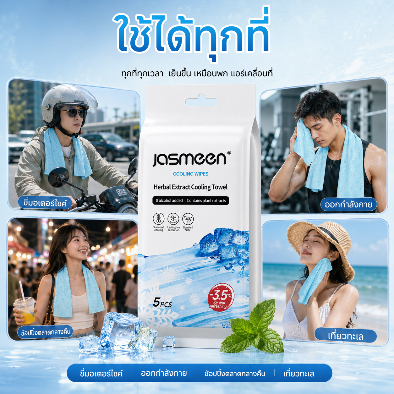JASMEEN Instant Cooling Wipes 5 Sheets – 3-Second Cooling, 65x20cm Extra Large & Alcohol Free