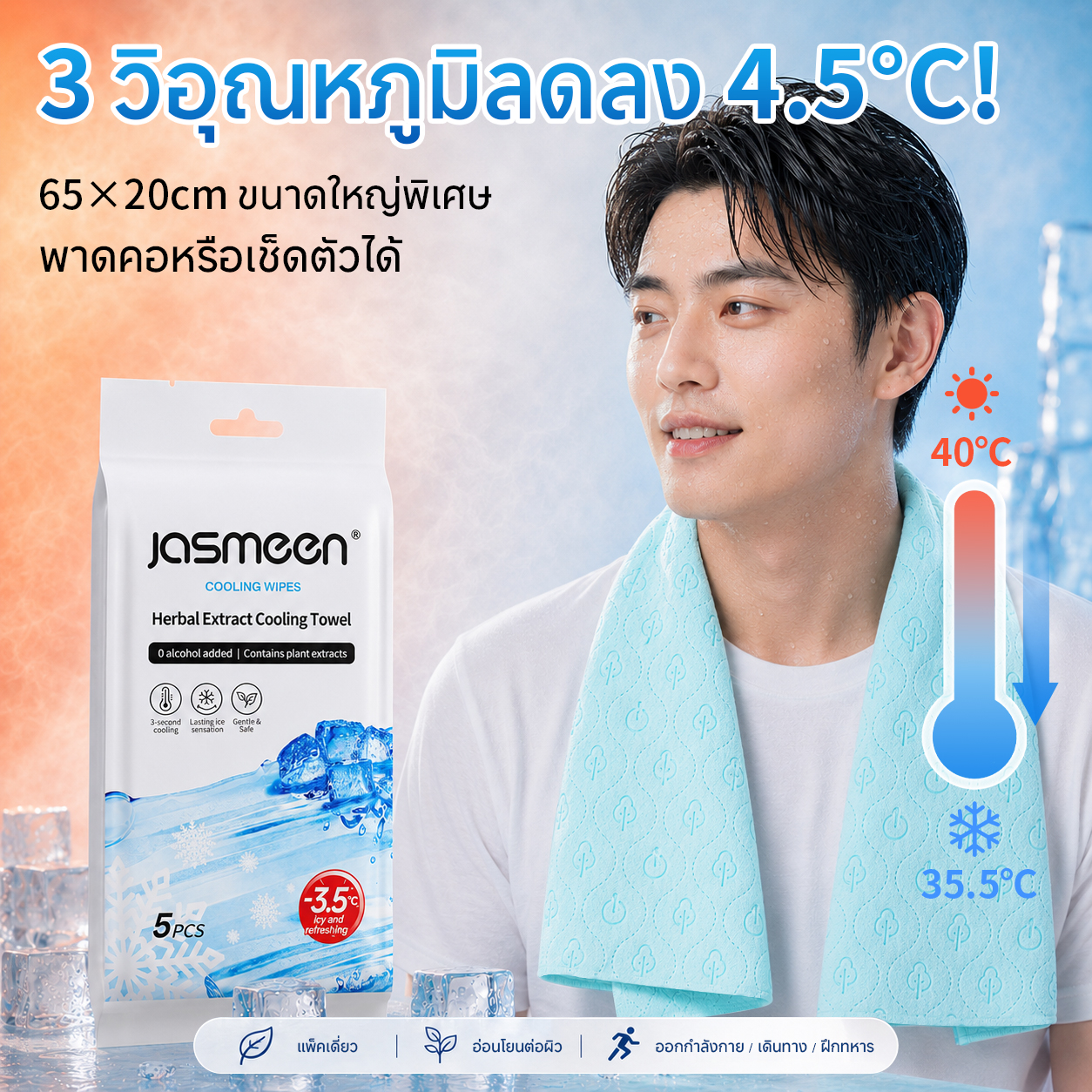 JASMEEN Instant Cooling Wipes 5 Sheets – 3-Second Cooling, 65x20cm Extra Large & Alcohol Free