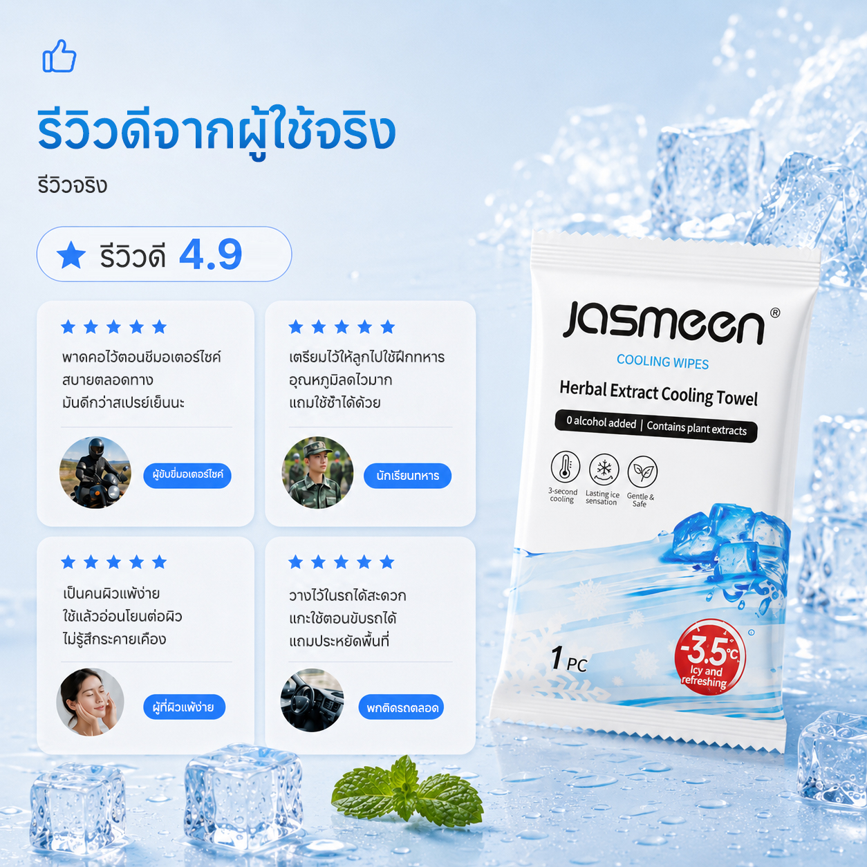 JASMEEN Instant Cooling Wipes 5 Sheets – 3-Second Cooling, 65x20cm Extra Large & Alcohol Free