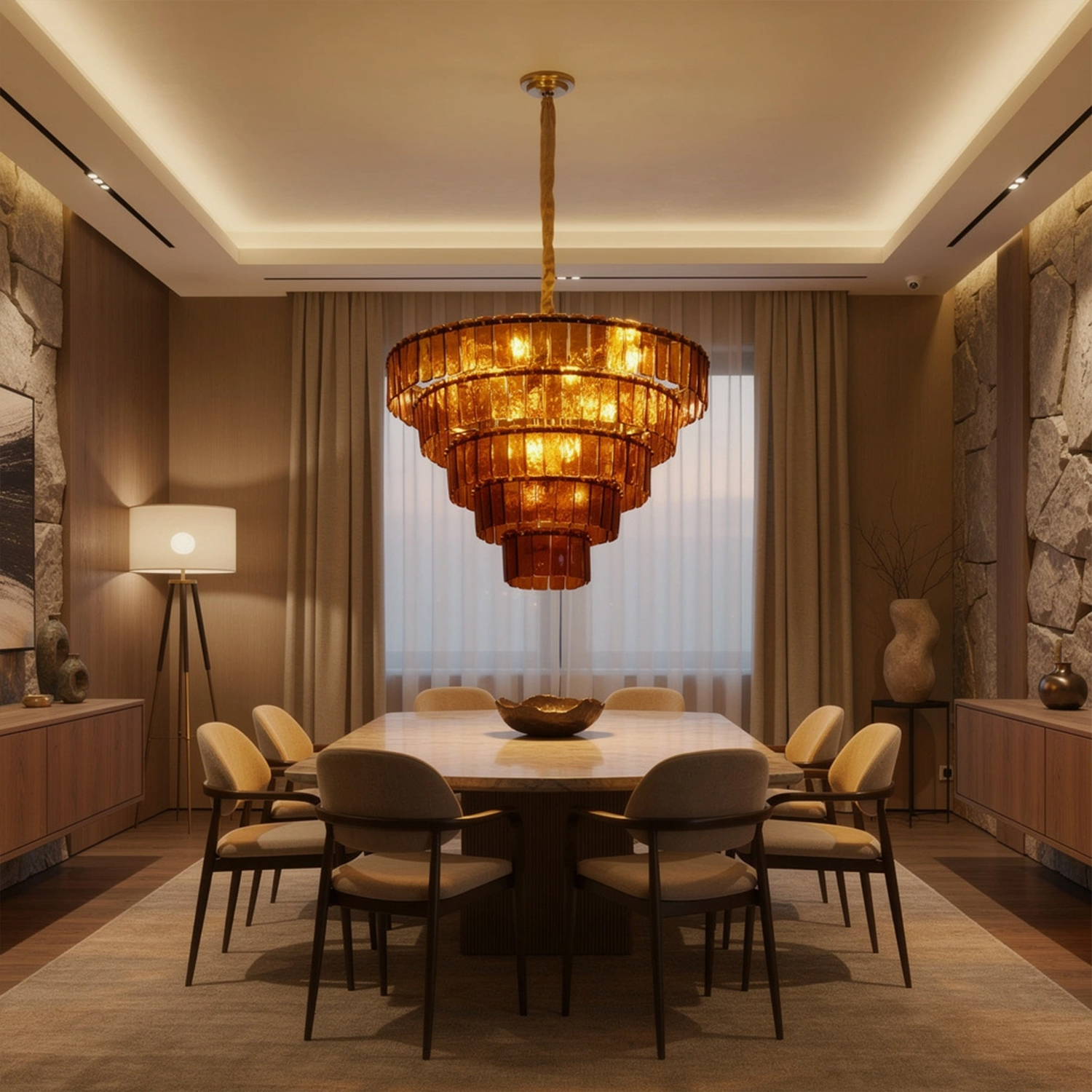 Amber-Murano-Glass-Cascade-Tiered-Chandelier