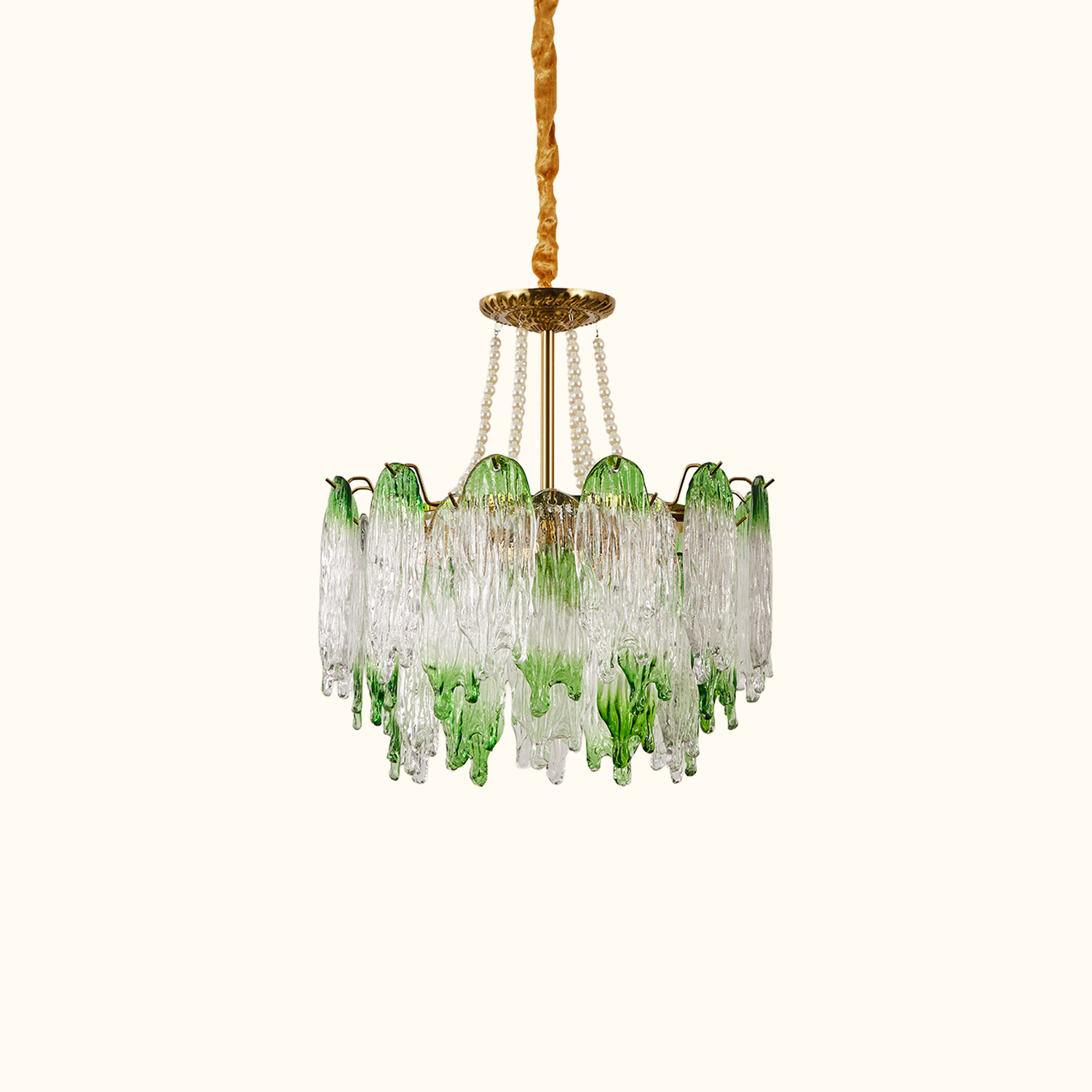 Green Pearl Glass Chandelier with Textured Glass Petals
