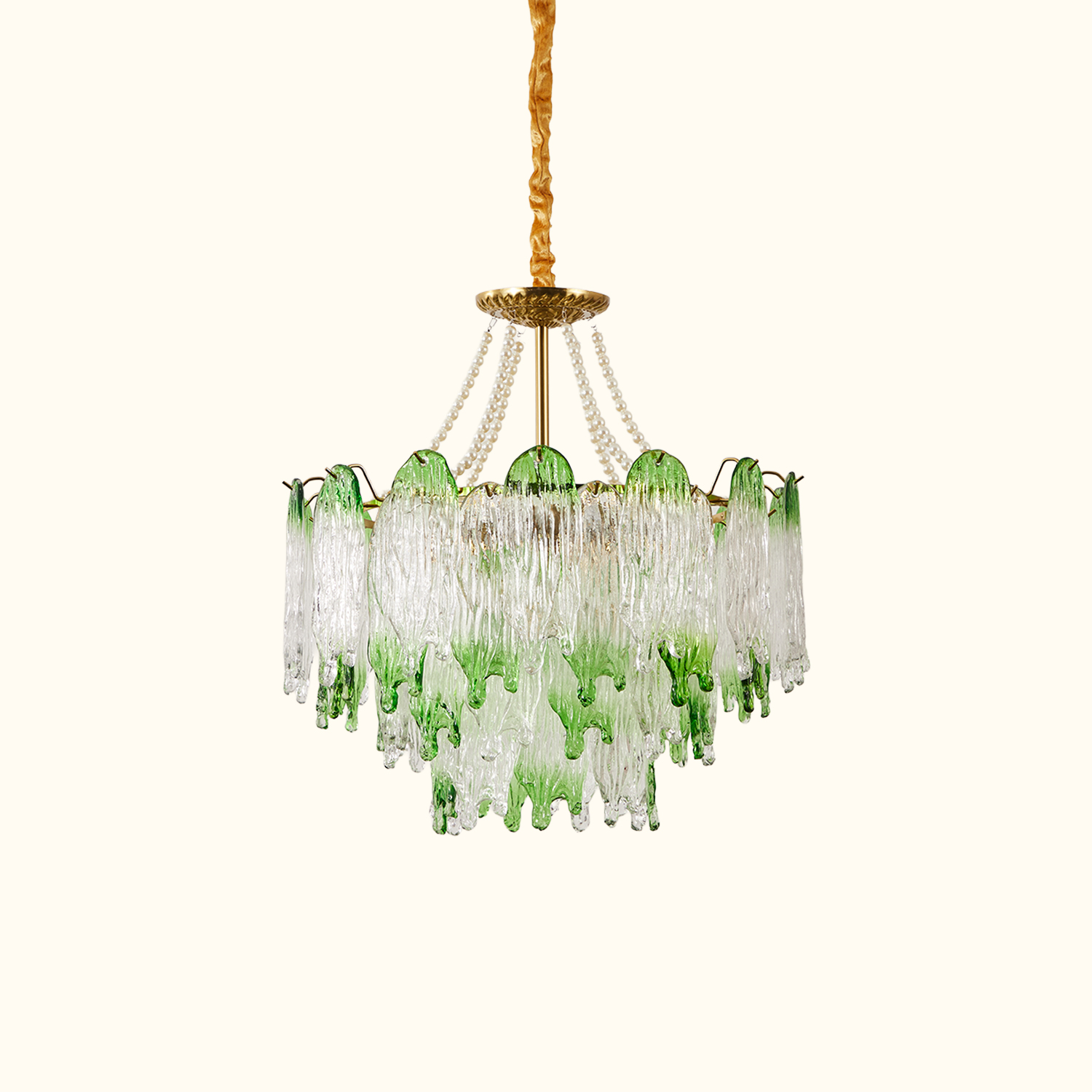 Green Pearl Glass Chandelier with Textured Glass Petals