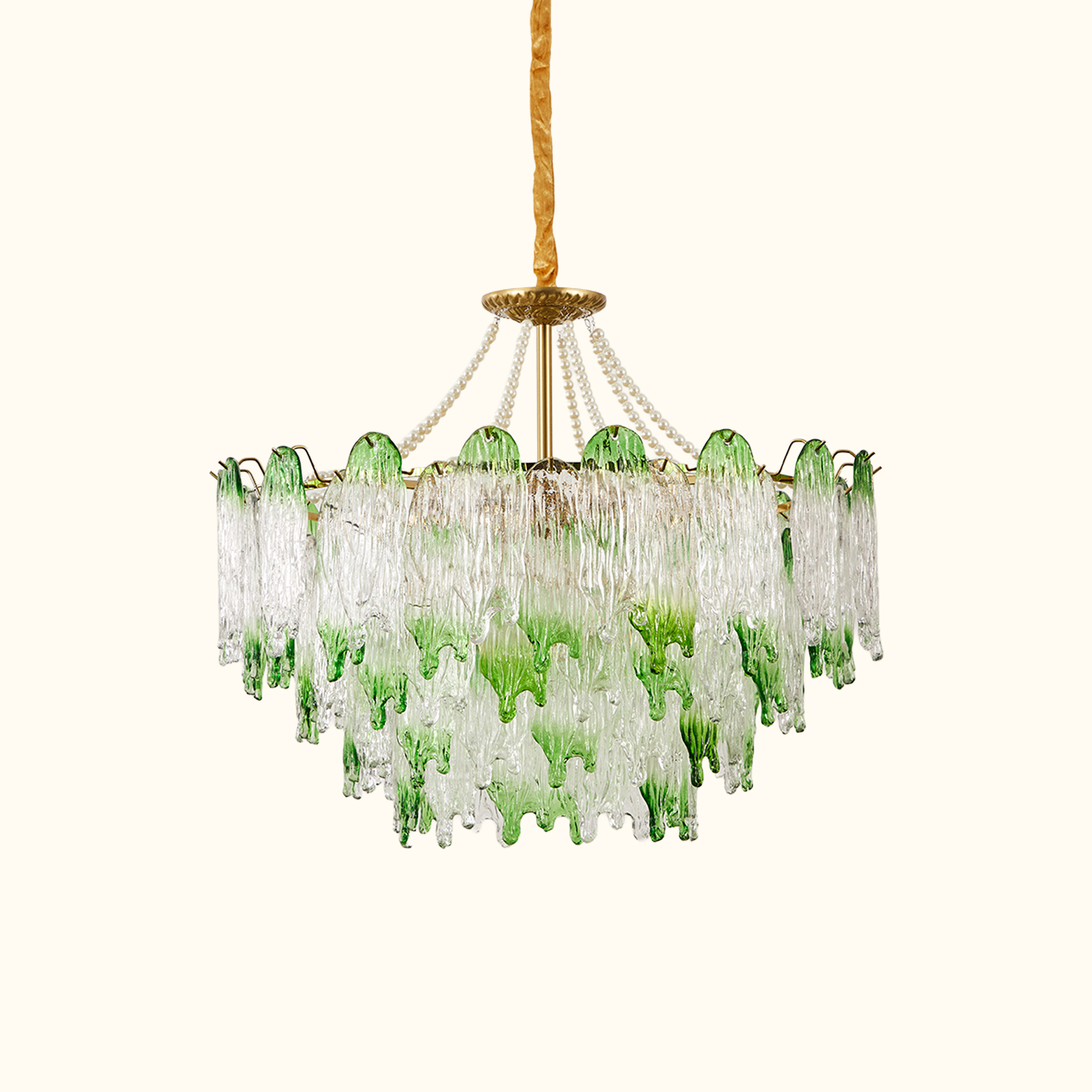 Green Pearl Glass Chandelier with Textured Glass Petals
