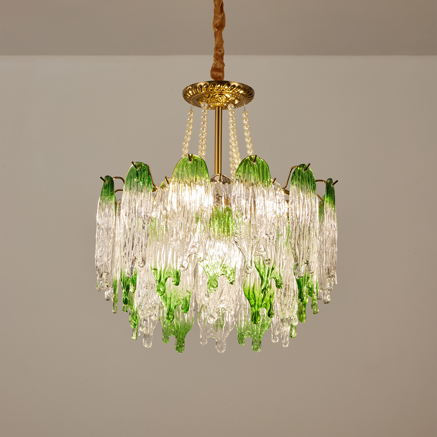 Green Pearl Glass Chandelier with Textured Glass Petals