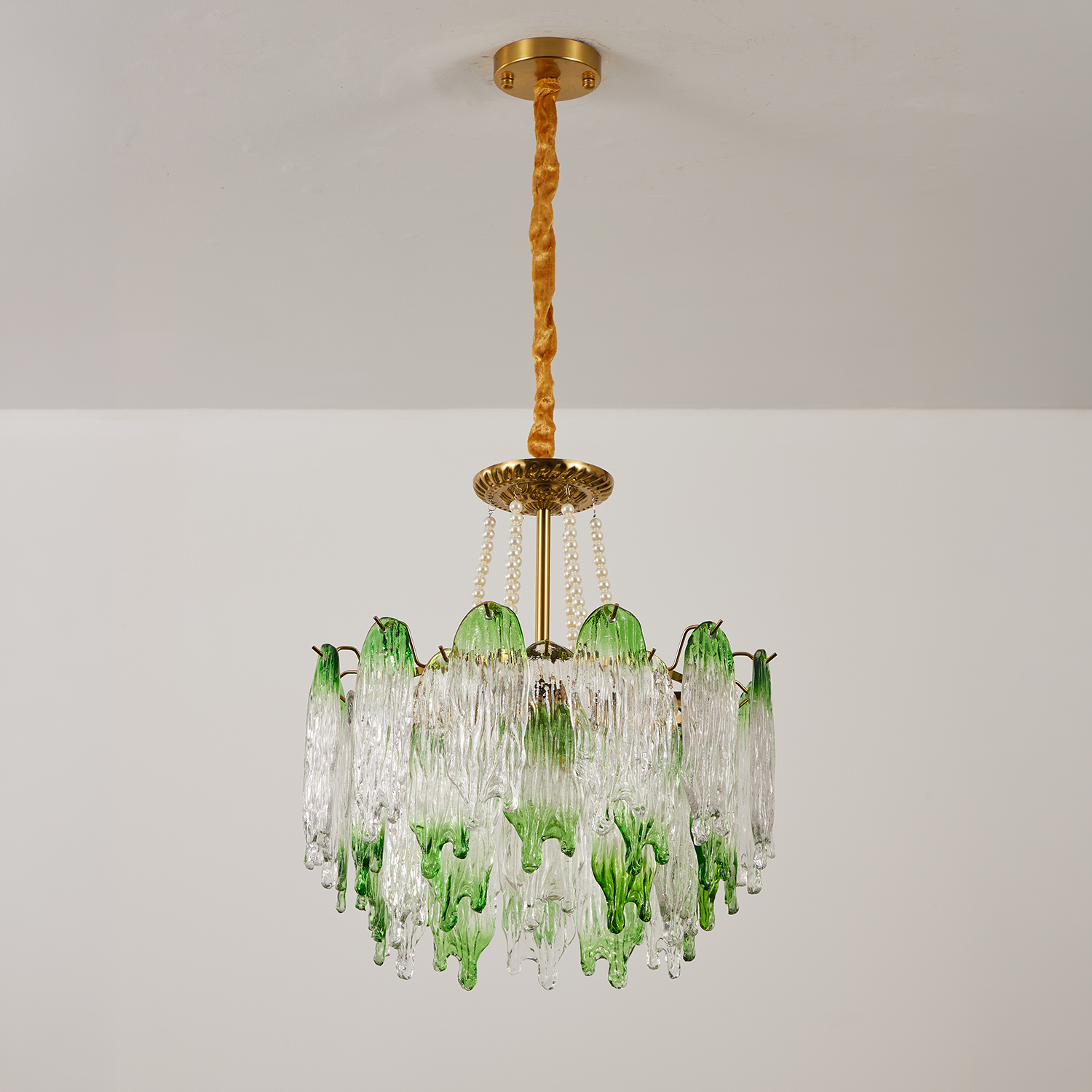 Green Pearl Glass Chandelier with Textured Glass Petals
