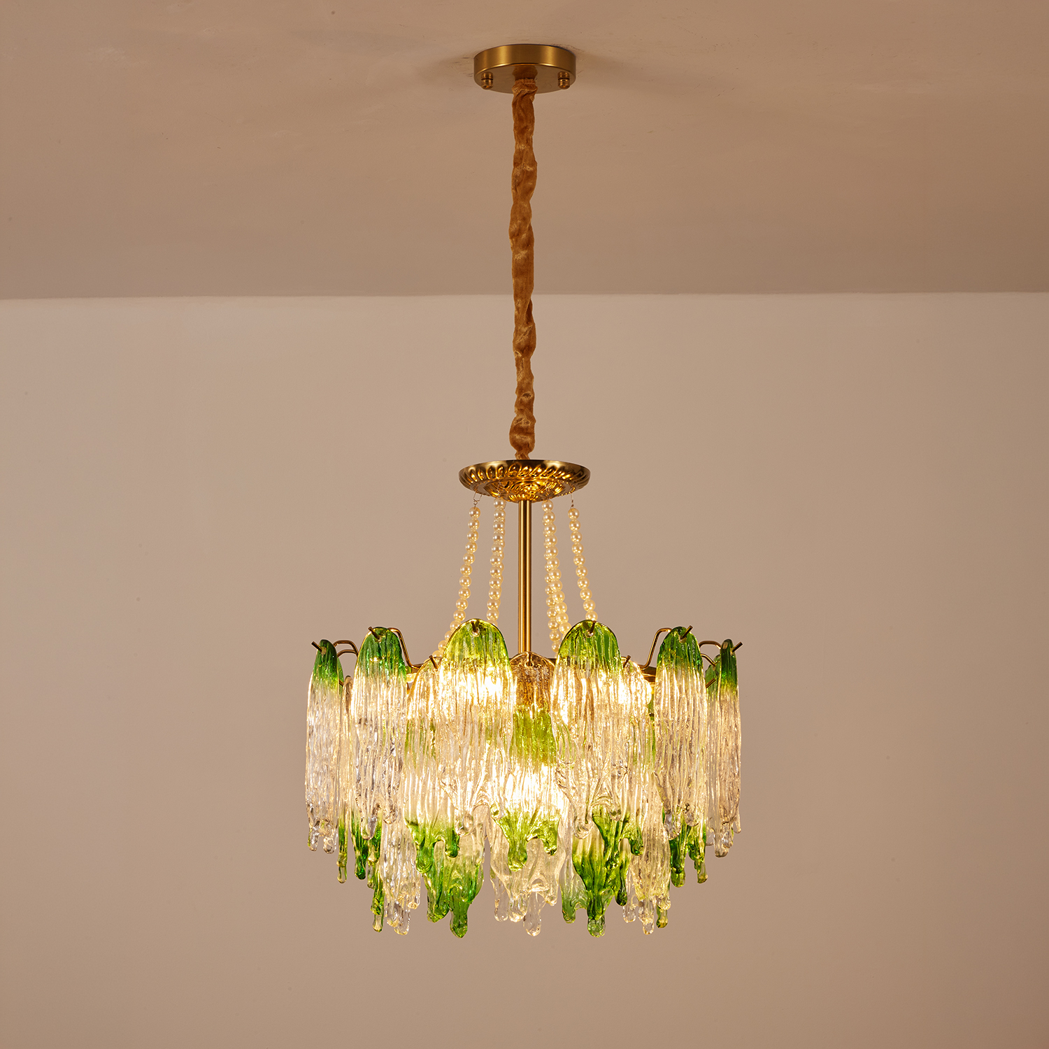 Green Pearl Glass Chandelier with Textured Glass Petals