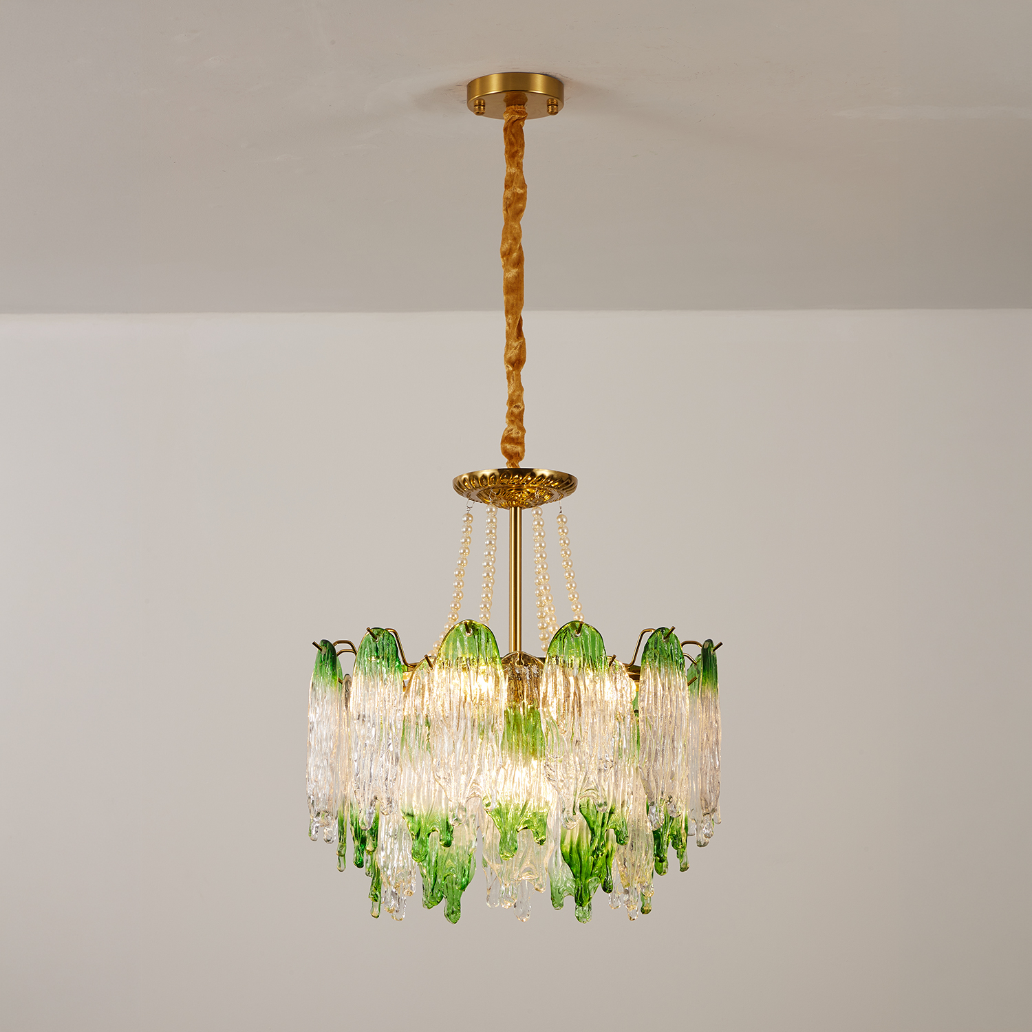 Green Pearl Glass Chandelier with Textured Glass Petals