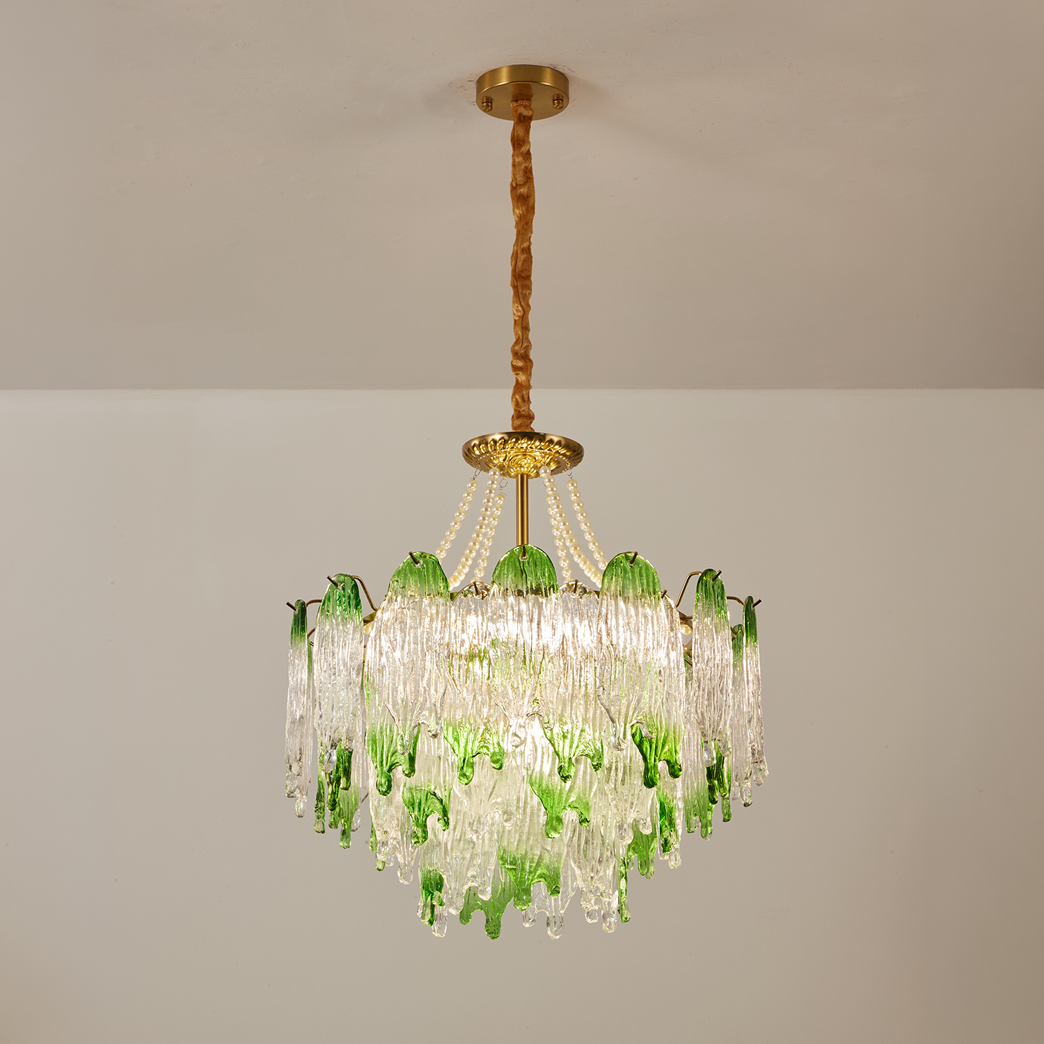 Green Pearl Glass Chandelier with Textured Glass Petals