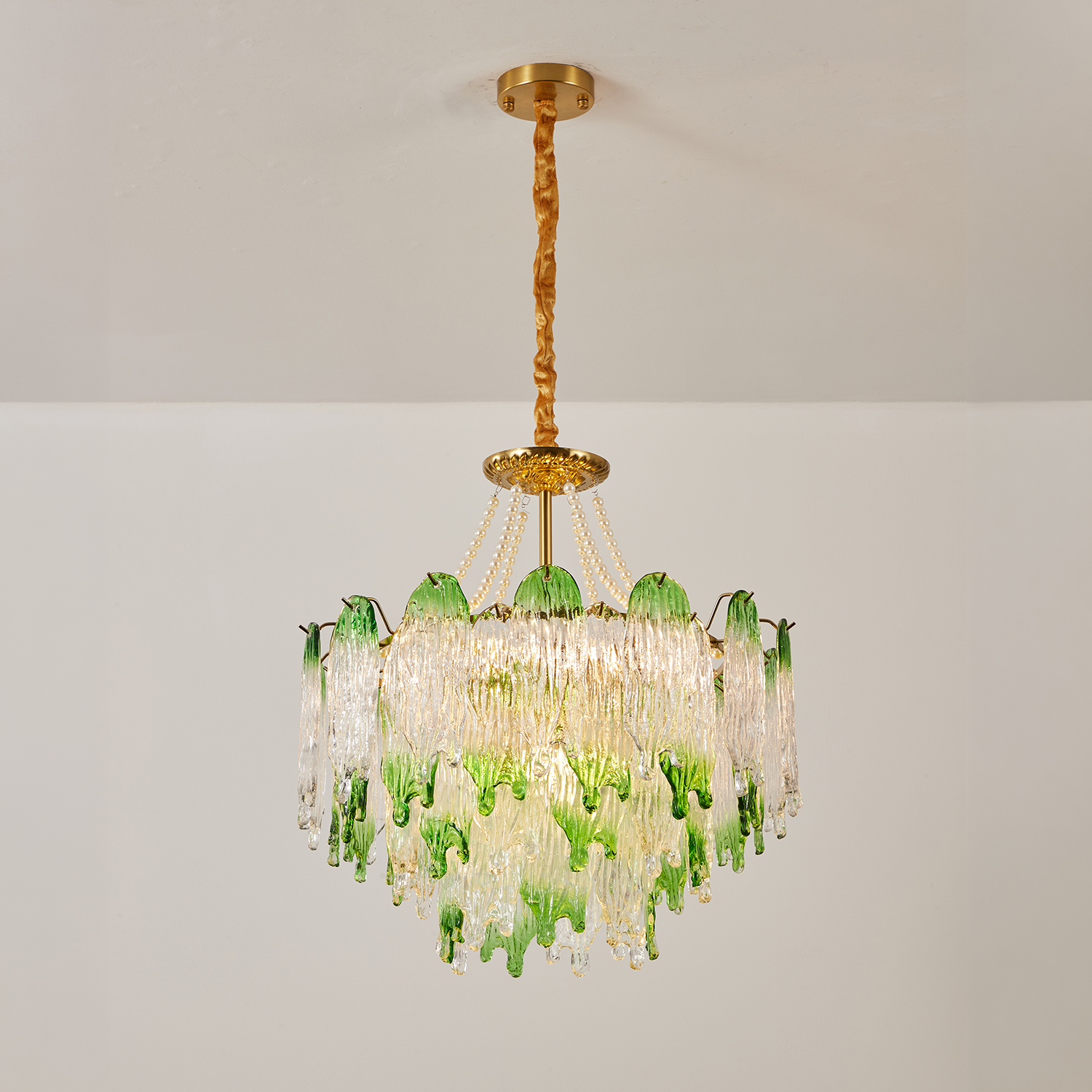 Green Pearl Glass Chandelier with Textured Glass Petals