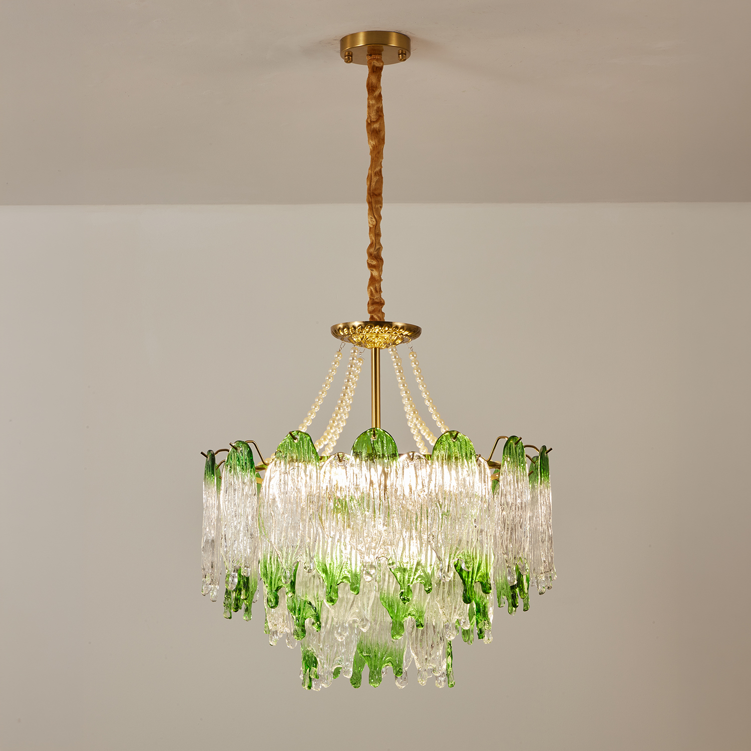 Green Pearl Glass Chandelier with Textured Glass Petals