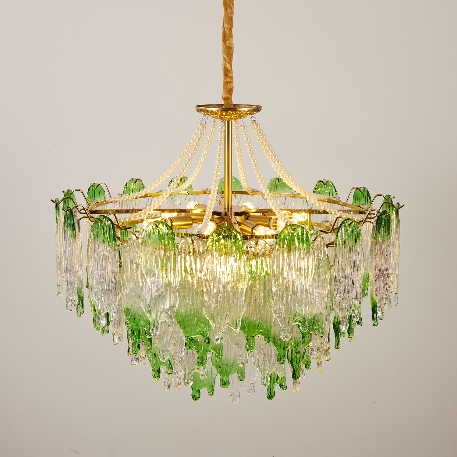 Green Pearl Glass Chandelier with Textured Glass Petals