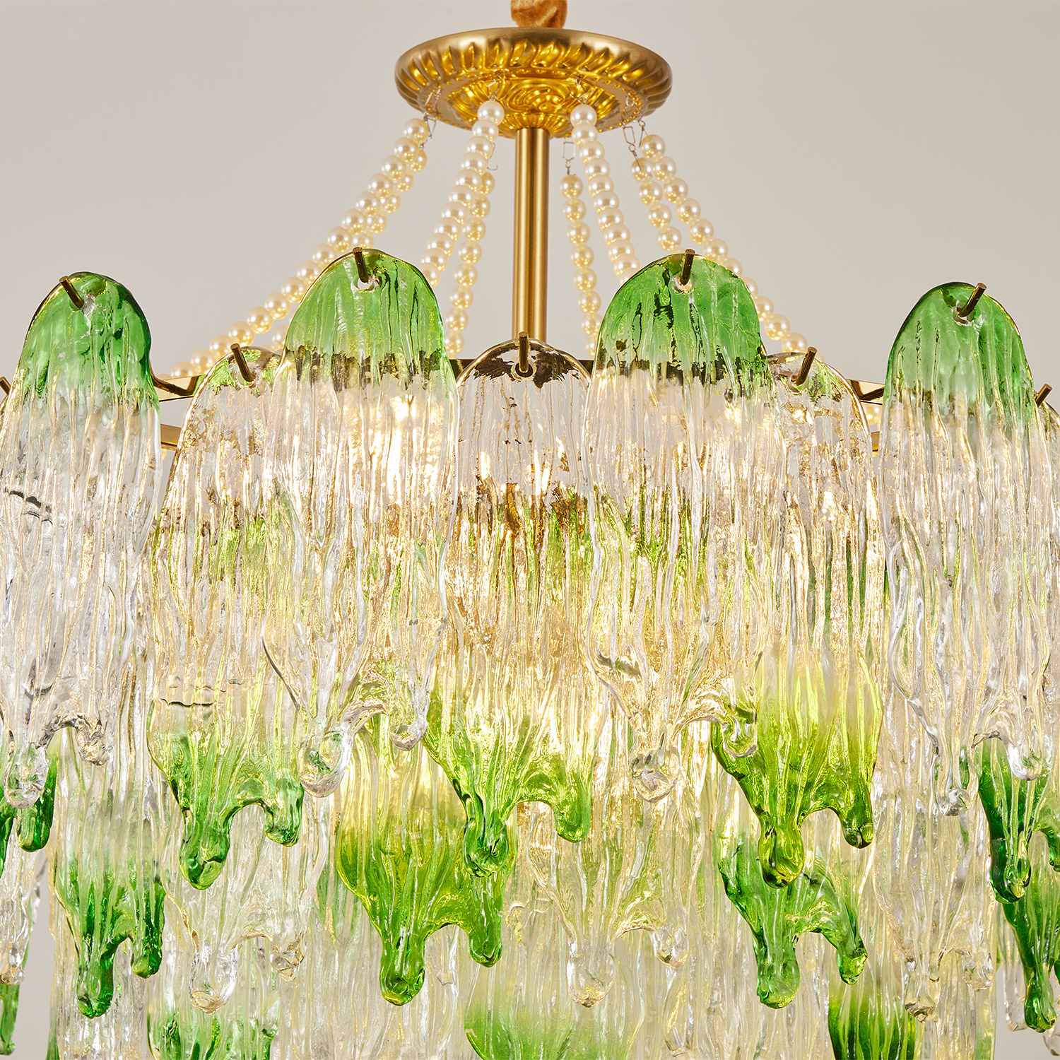 Green Pearl Glass Chandelier with Textured Glass Petals