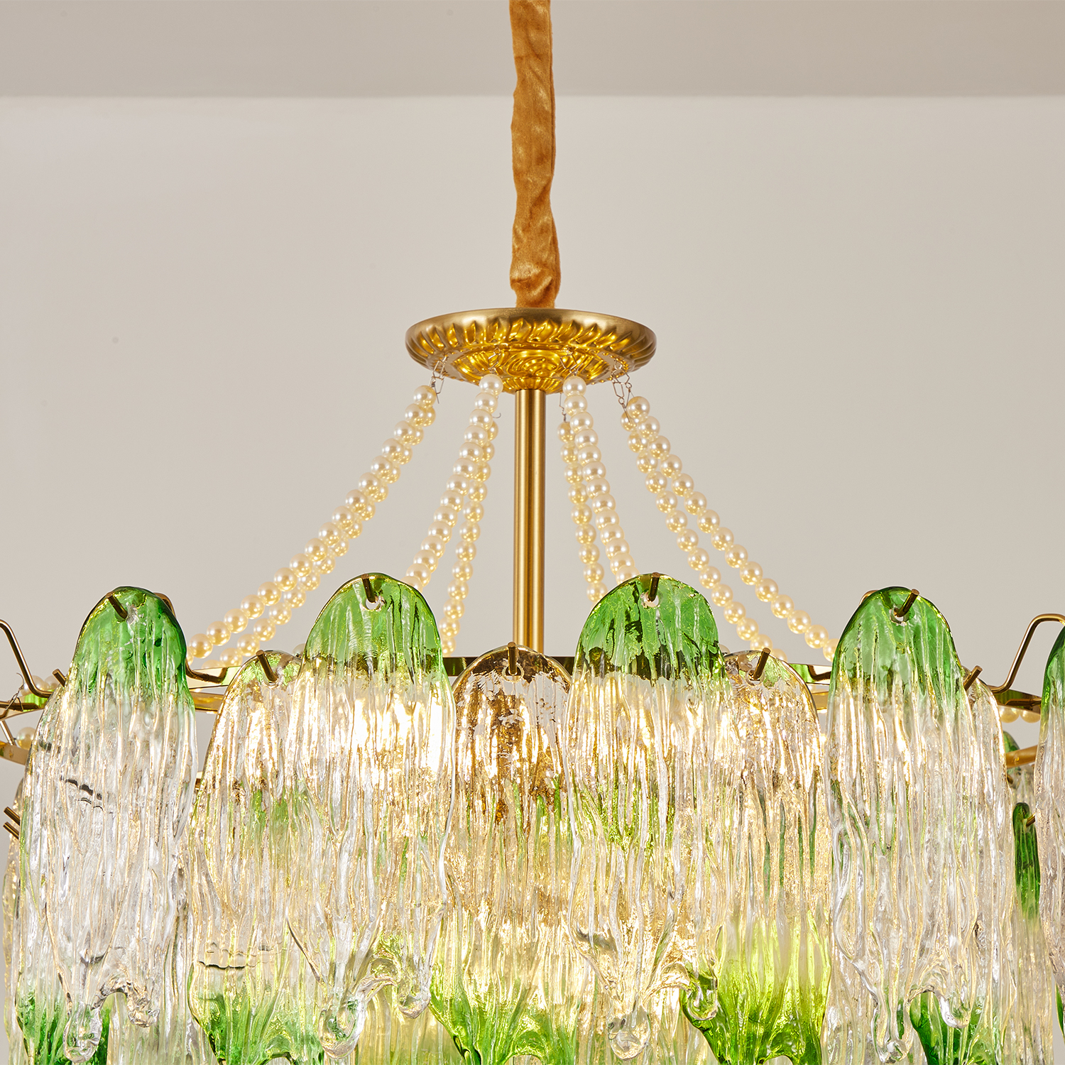 Green Pearl Glass Chandelier with Textured Glass Petals