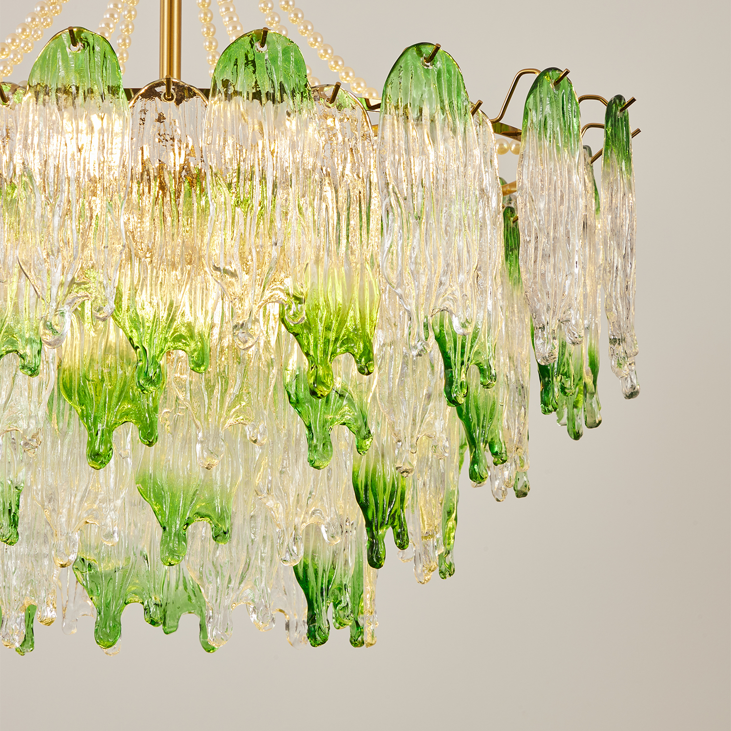 Green Pearl Glass Chandelier with Textured Glass Petals