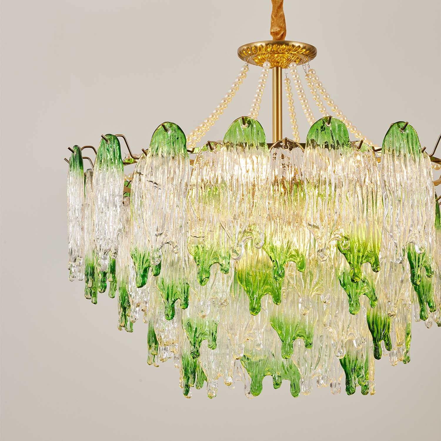 Green Pearl Glass Chandelier with Textured Glass Petals