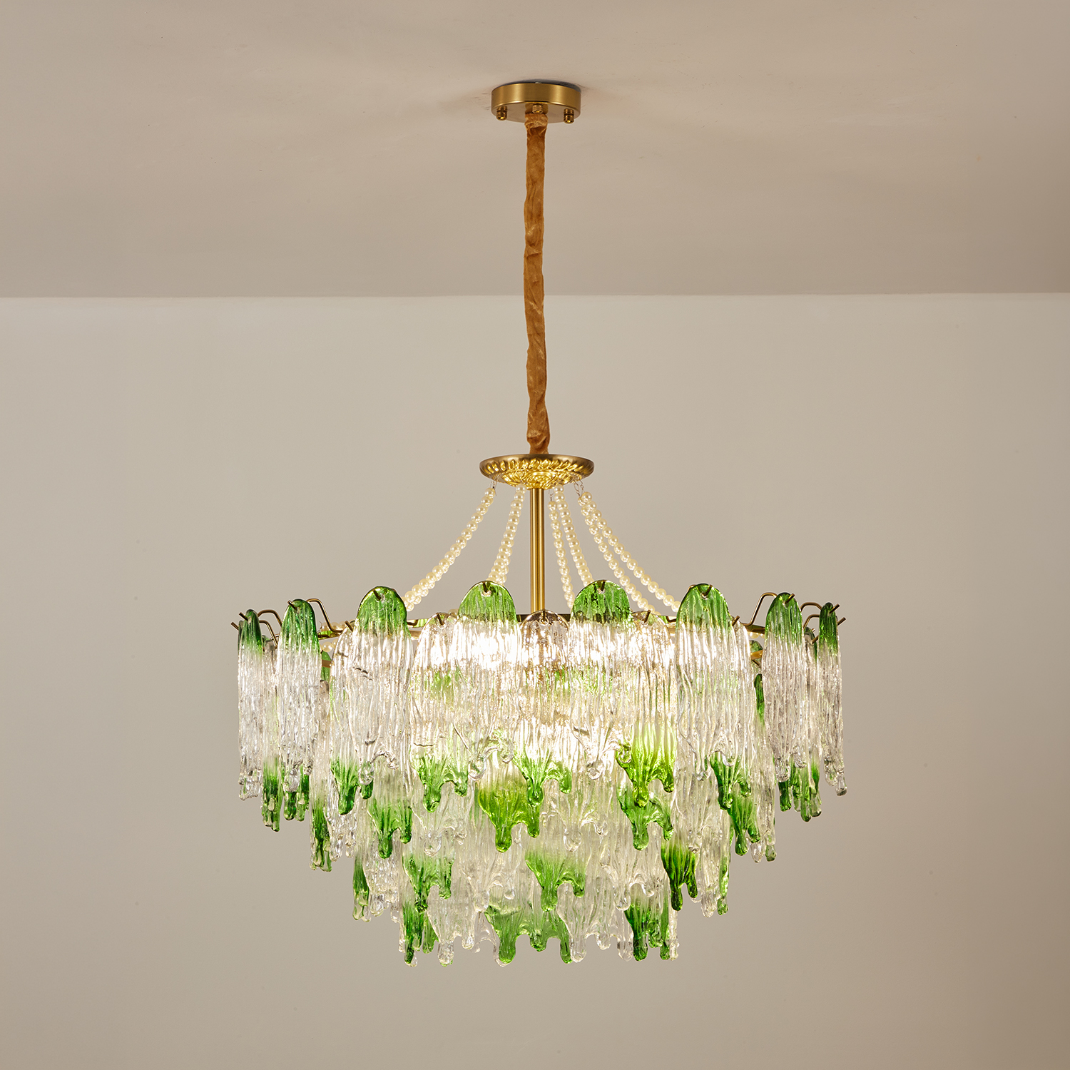 Green Pearl Glass Chandelier with Textured Glass Petals