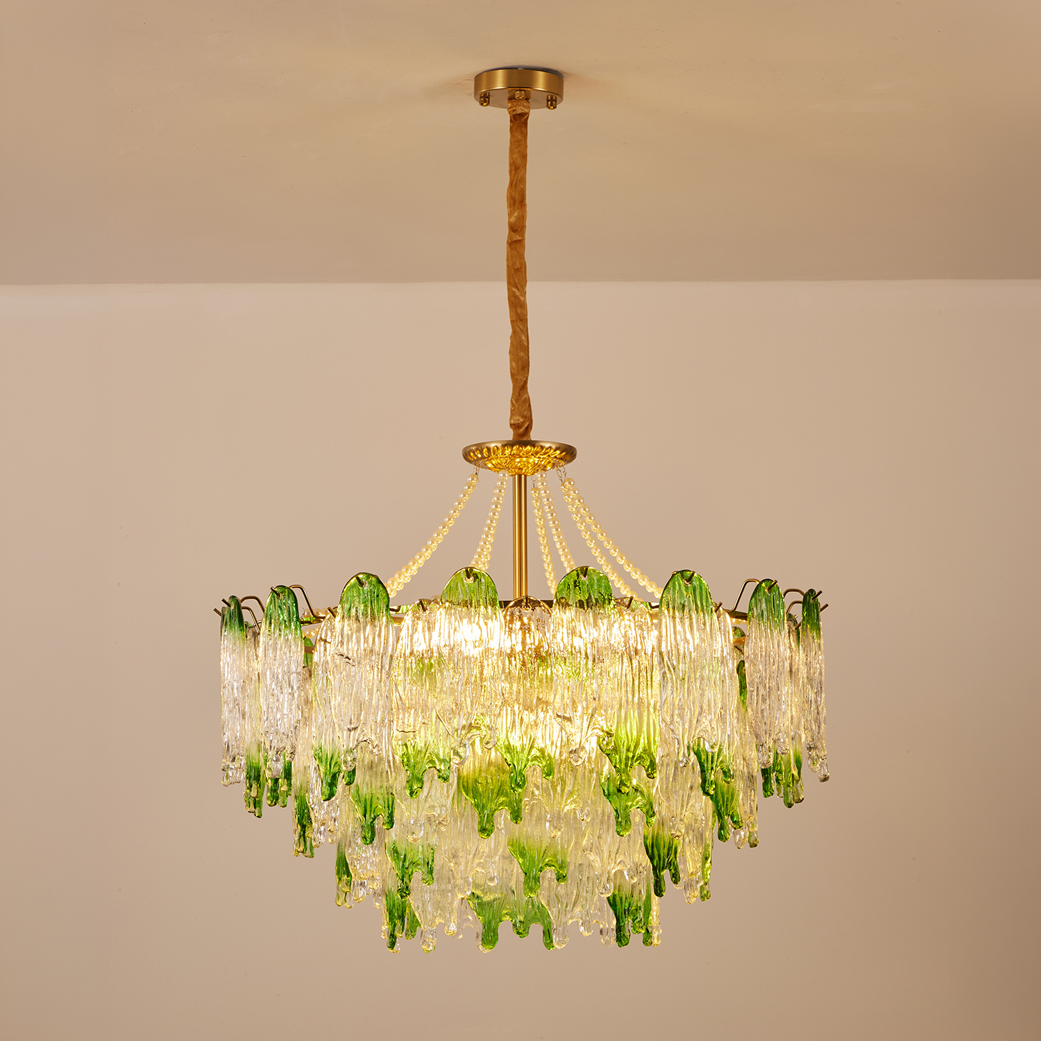 Green Pearl Glass Chandelier with Textured Glass Petals