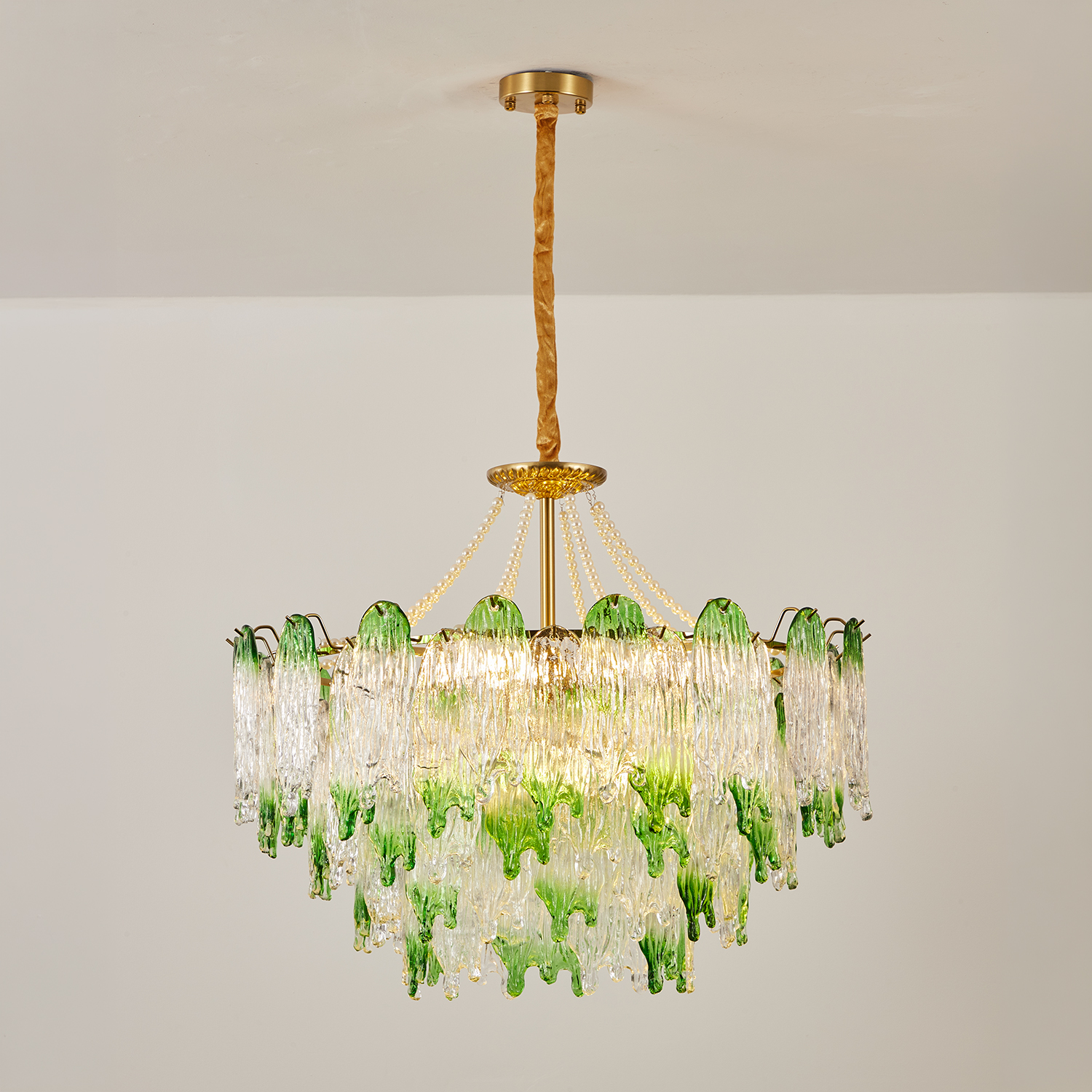 Green Pearl Glass Chandelier with Textured Glass Petals