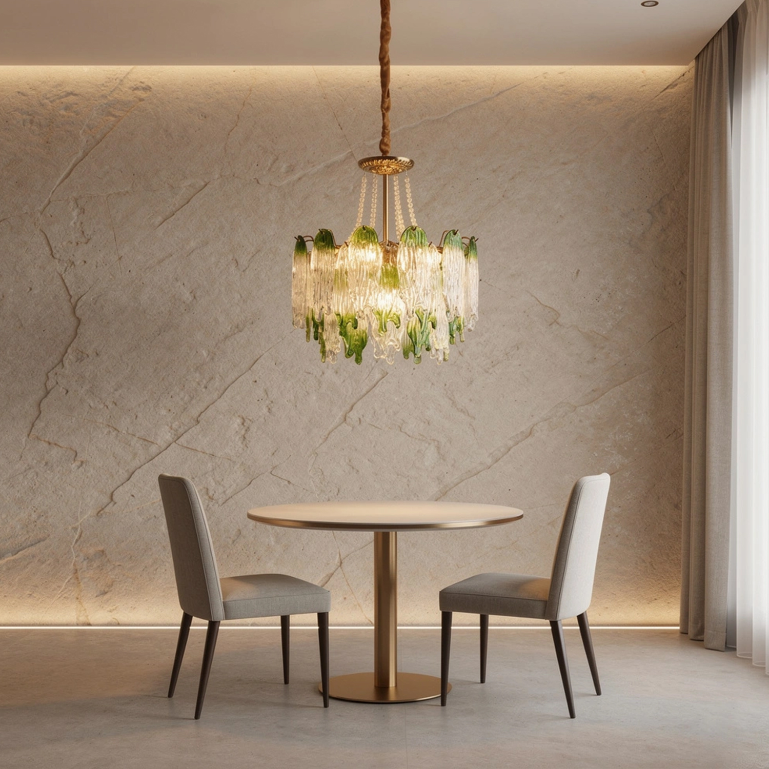 Green Pearl Glass Chandelier with Textured Glass Petals