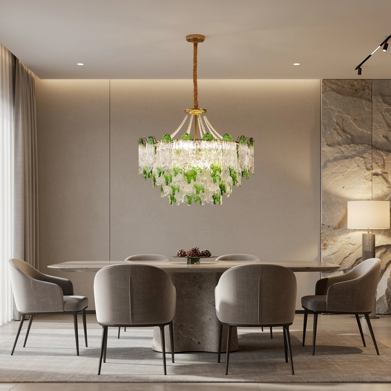Green Pearl Glass Chandelier with Textured Glass Petals