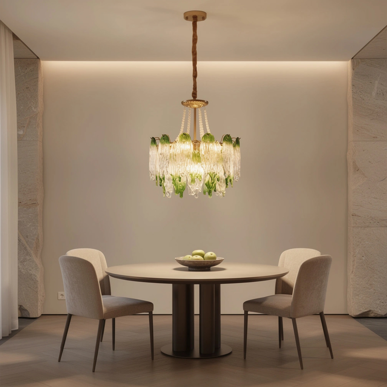 Green Pearl Glass Chandelier with Textured Glass Petals