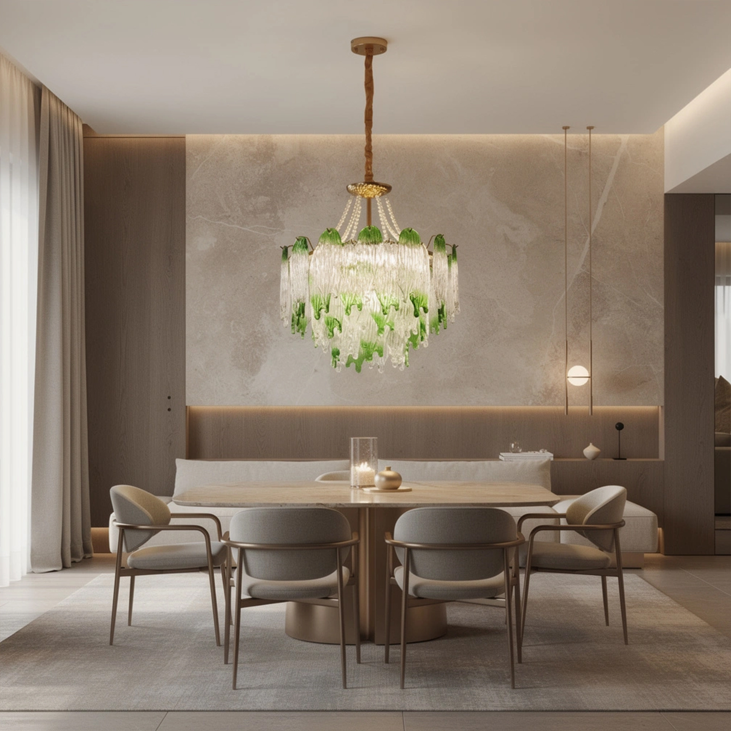 Green Pearl Glass Chandelier with Textured Glass Petals