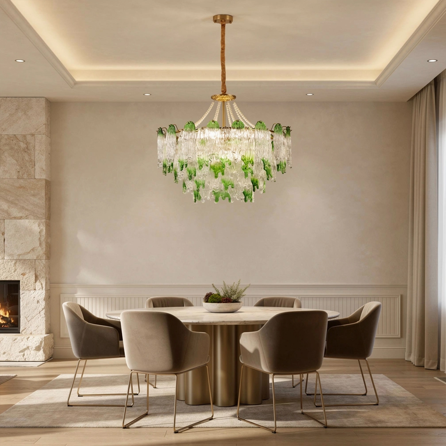 Green Pearl Glass Chandelier with Textured Glass Petals