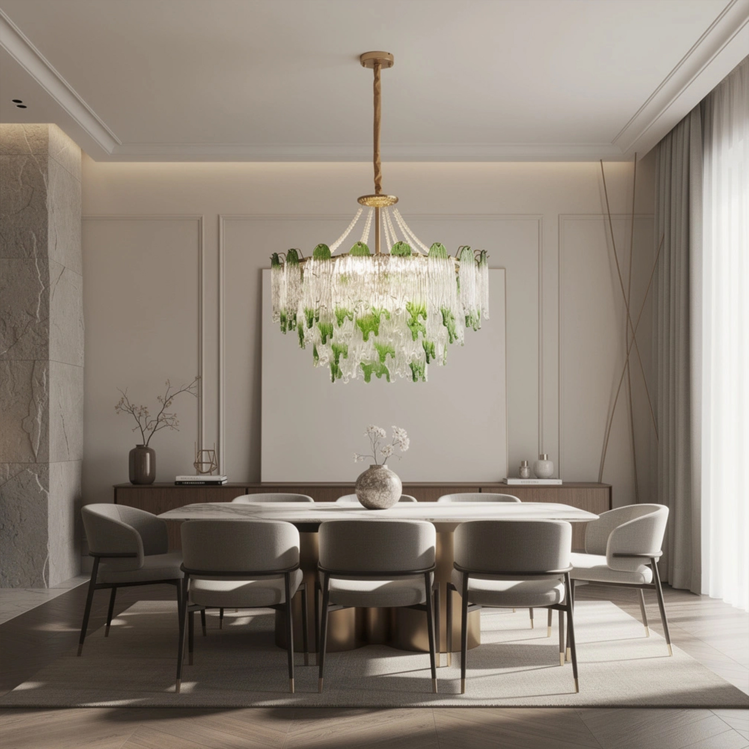 Green Pearl Glass Chandelier with Textured Glass Petals