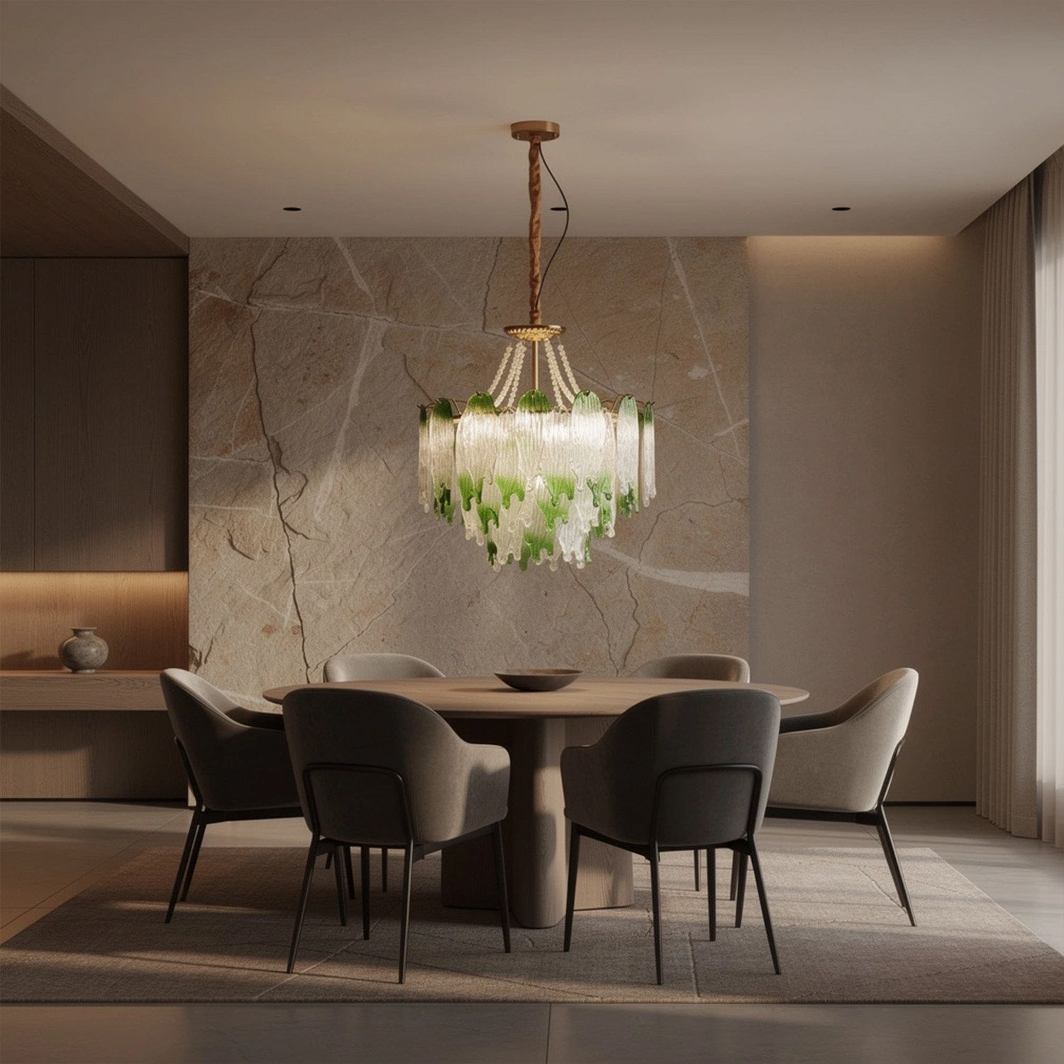 Green Pearl Glass Chandelier with Textured Glass Petals