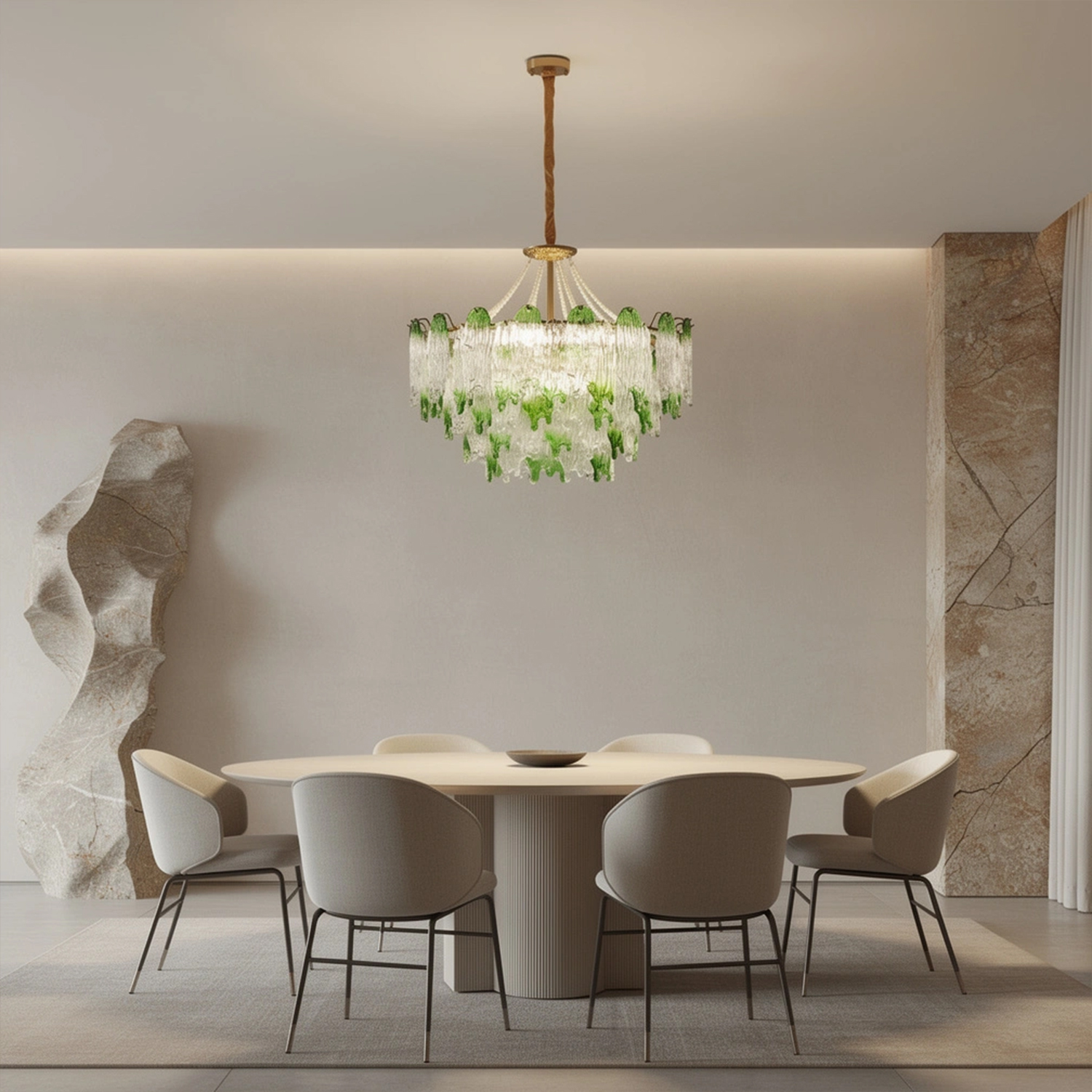 Green Pearl Glass Chandelier with Textured Glass Petals
