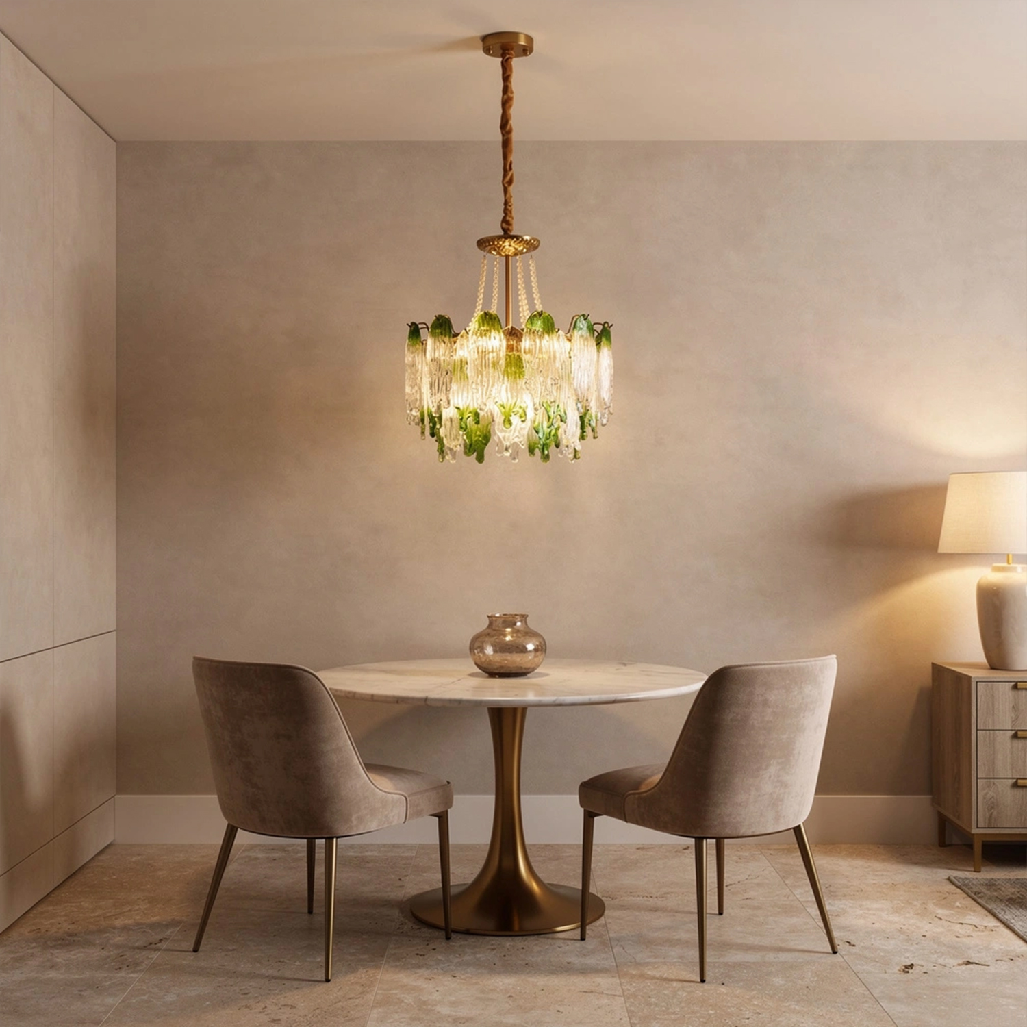 Green Pearl Glass Chandelier with Textured Glass Petals