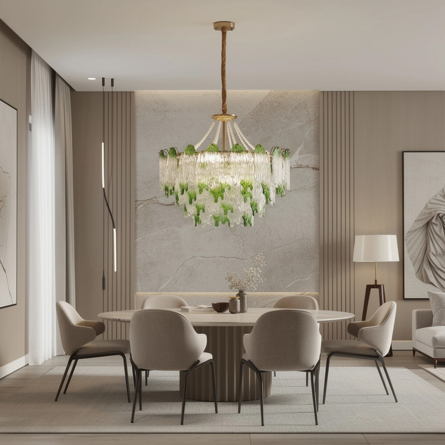 Green Pearl Glass Chandelier with Textured Glass Petals