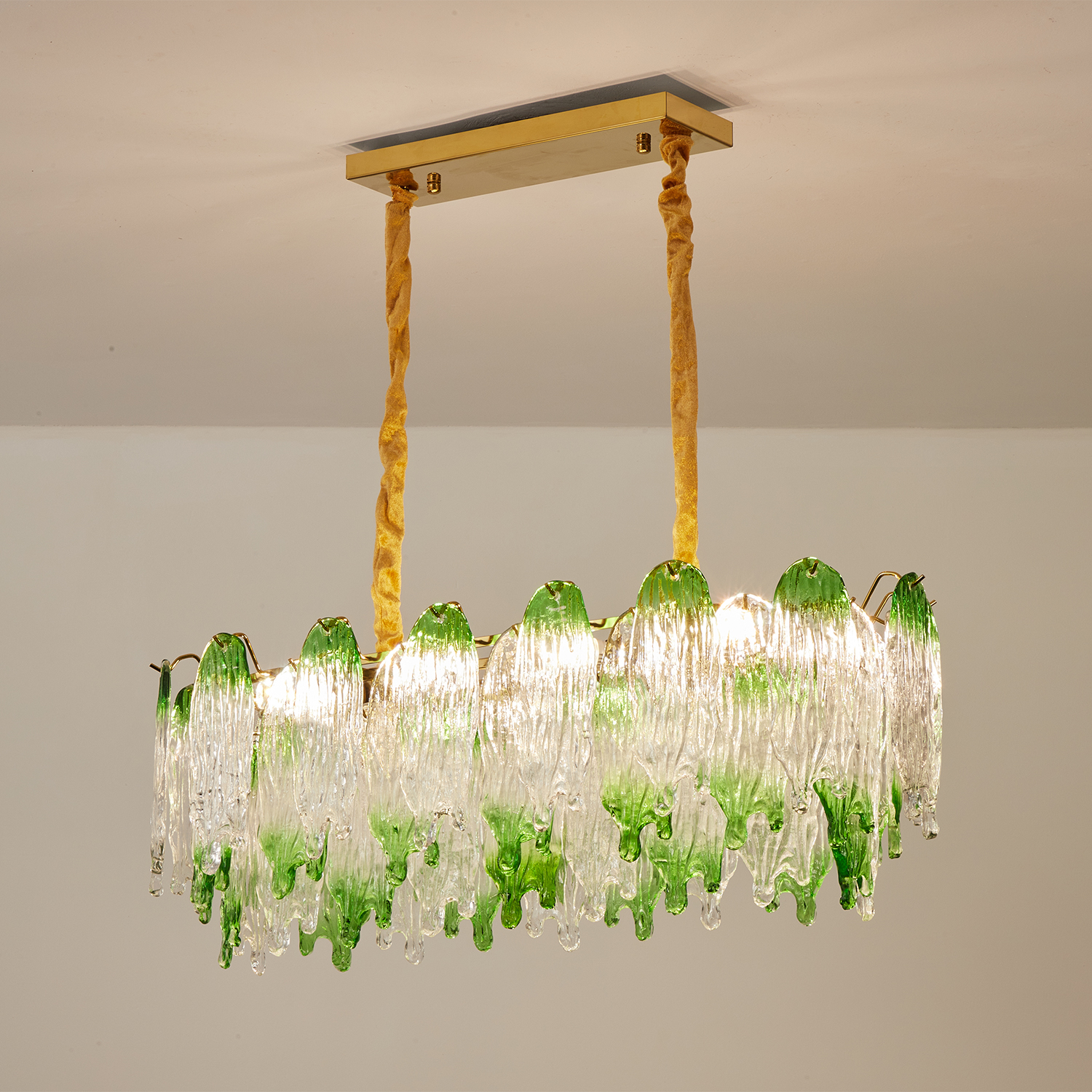 Green Pearl Glass Linear Chandelier with Textured Glass Petals