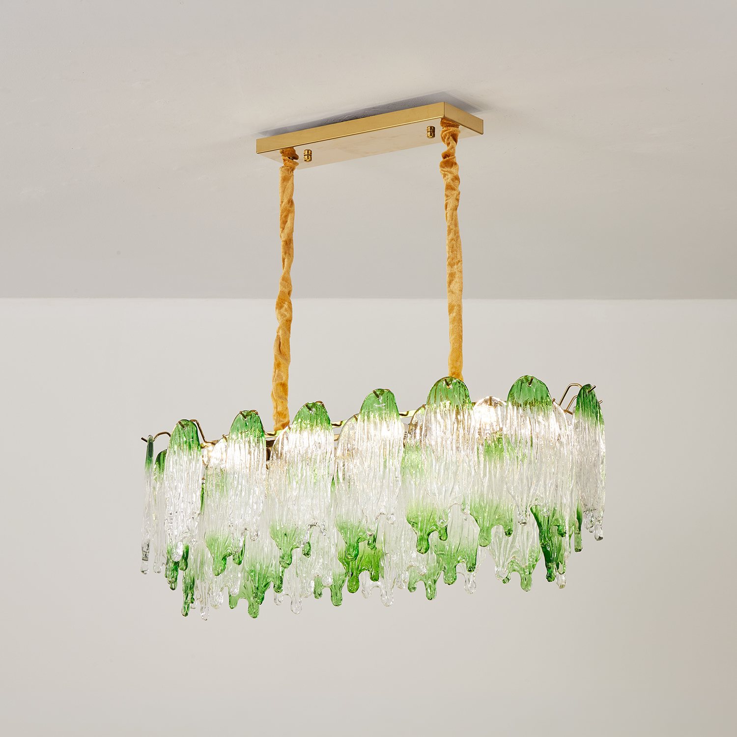Green Pearl Glass Linear Chandelier with Textured Glass Petals