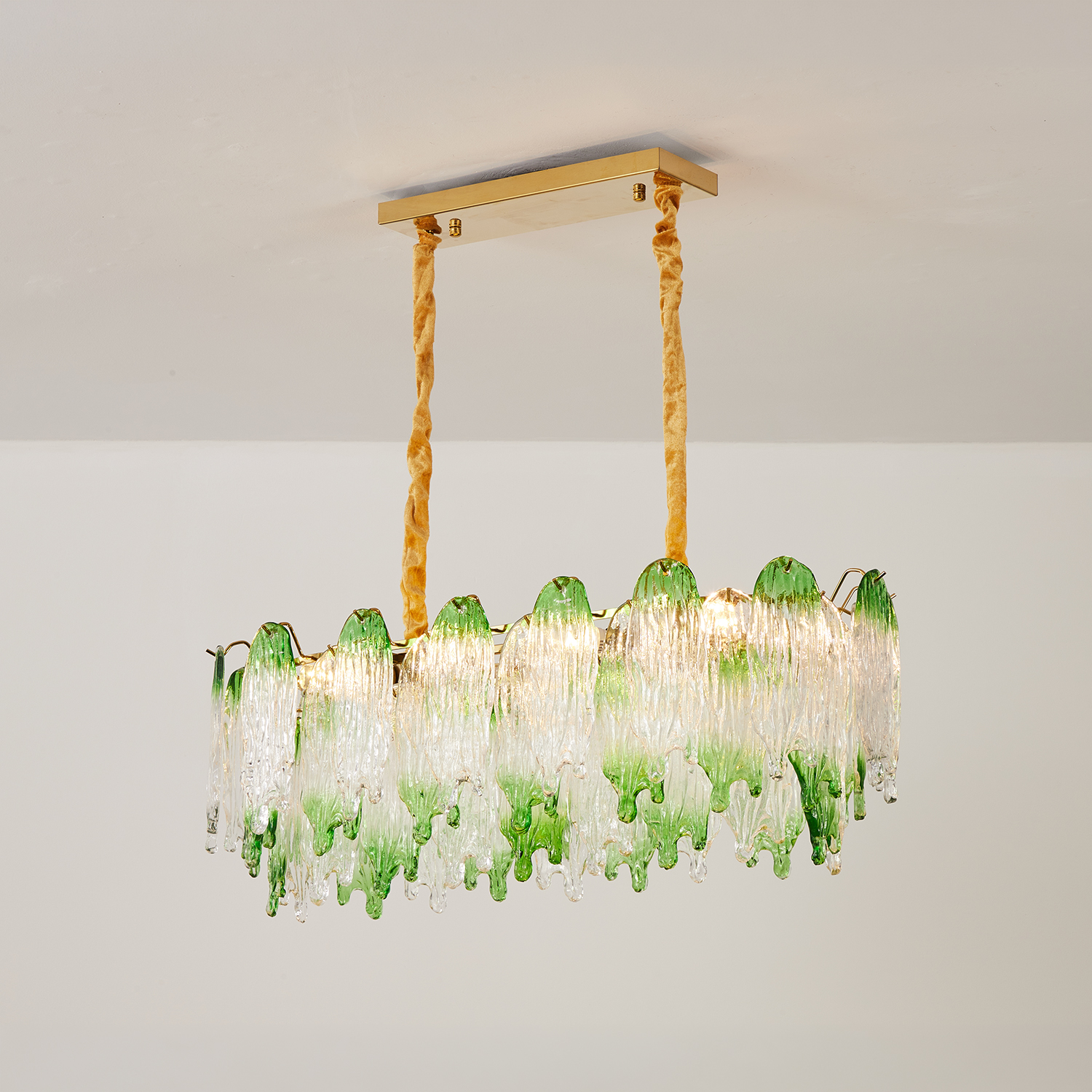 Green Pearl Glass Linear Chandelier with Textured Glass Petals