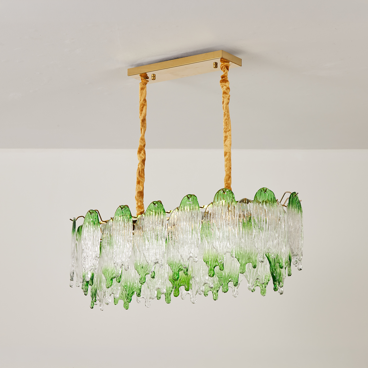 Green Pearl Glass Linear Chandelier with Textured Glass Petals