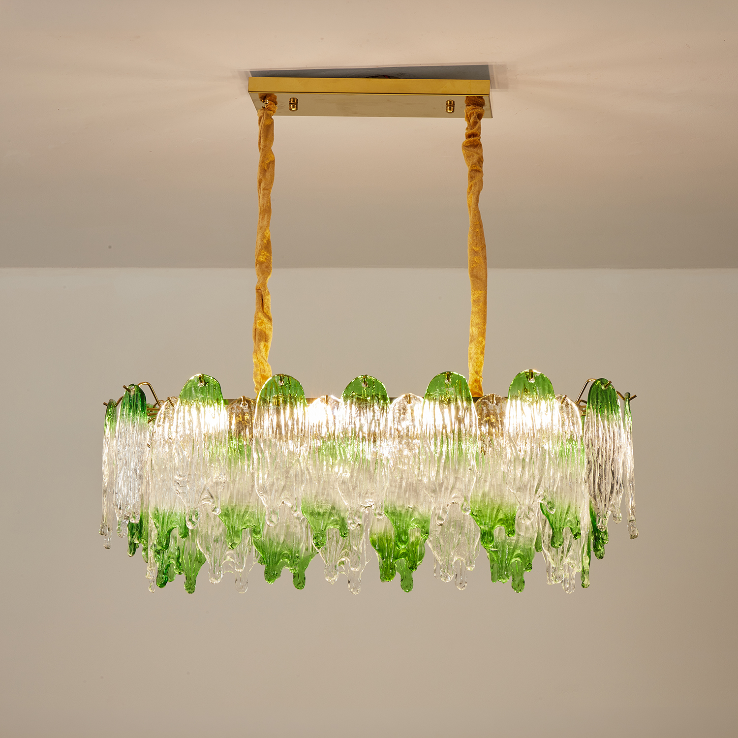 Green Pearl Glass Linear Chandelier with Textured Glass Petals