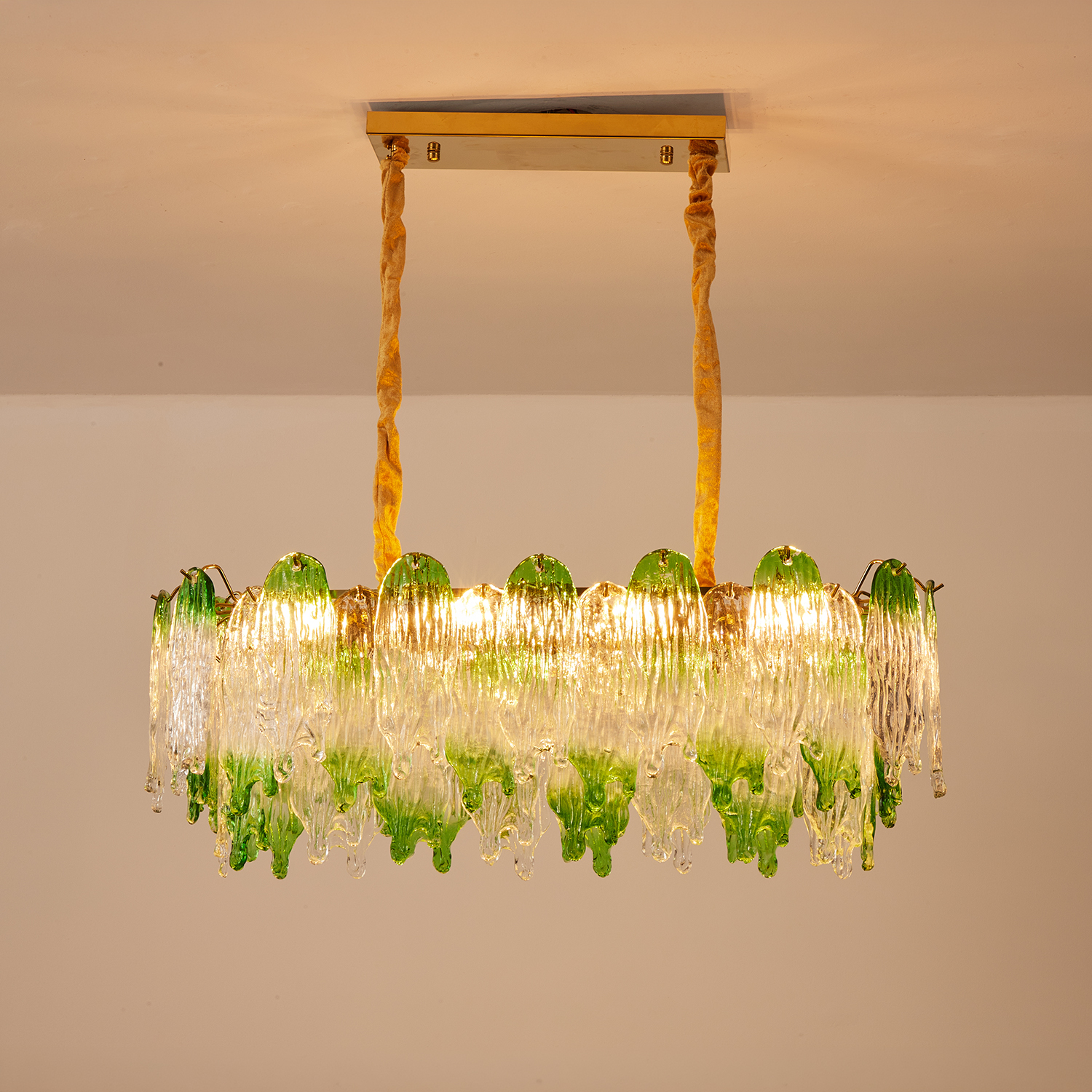 Green Pearl Glass Linear Chandelier with Textured Glass Petals