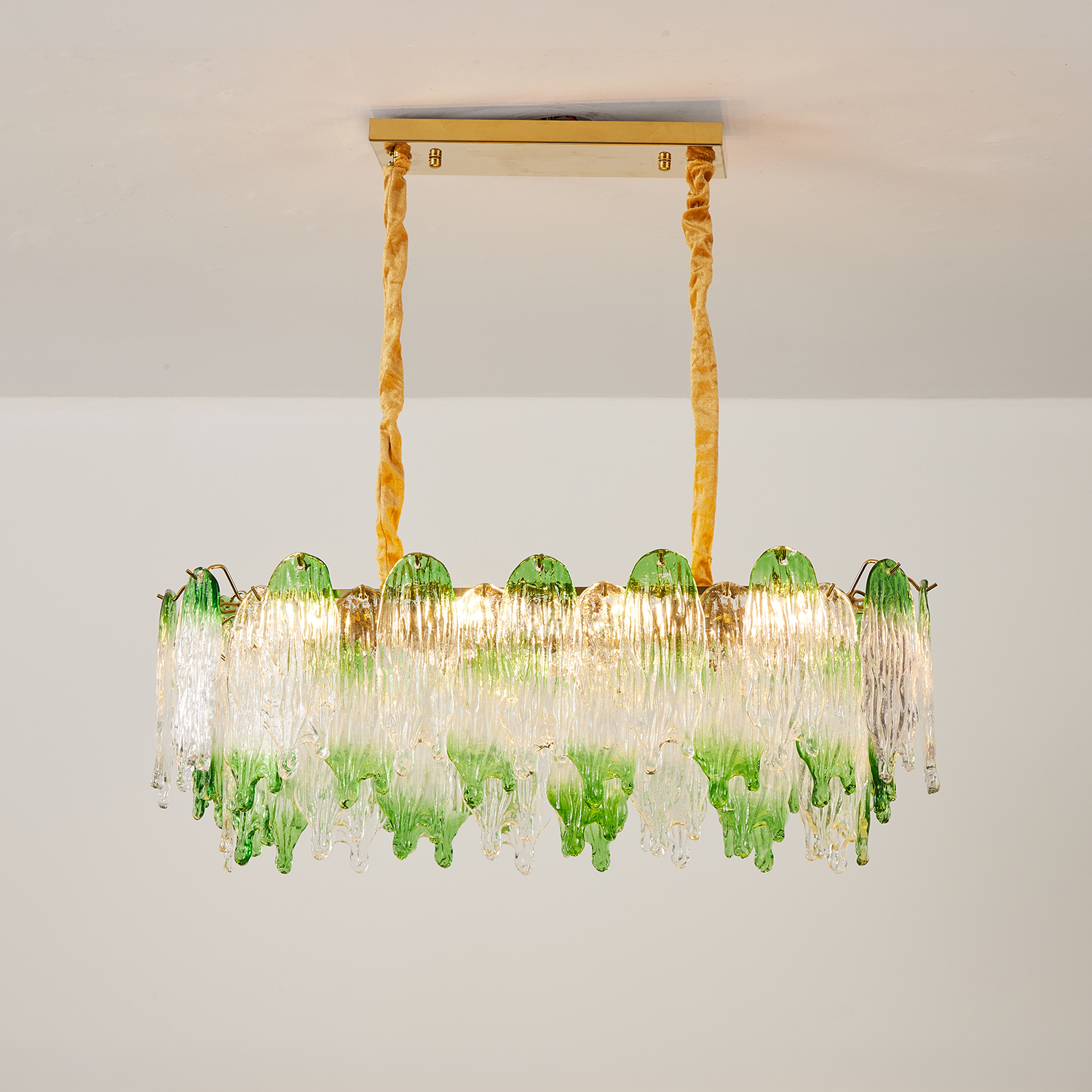 Green Pearl Glass Linear Chandelier with Textured Glass Petals