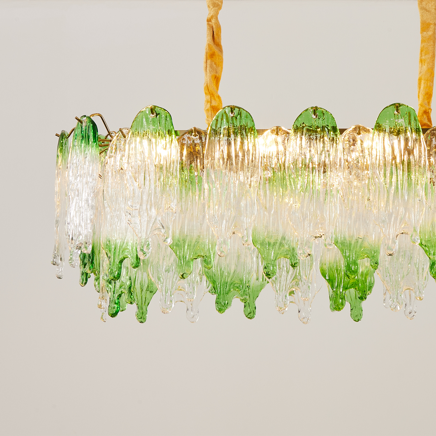 Green Pearl Glass Linear Chandelier with Textured Glass Petals