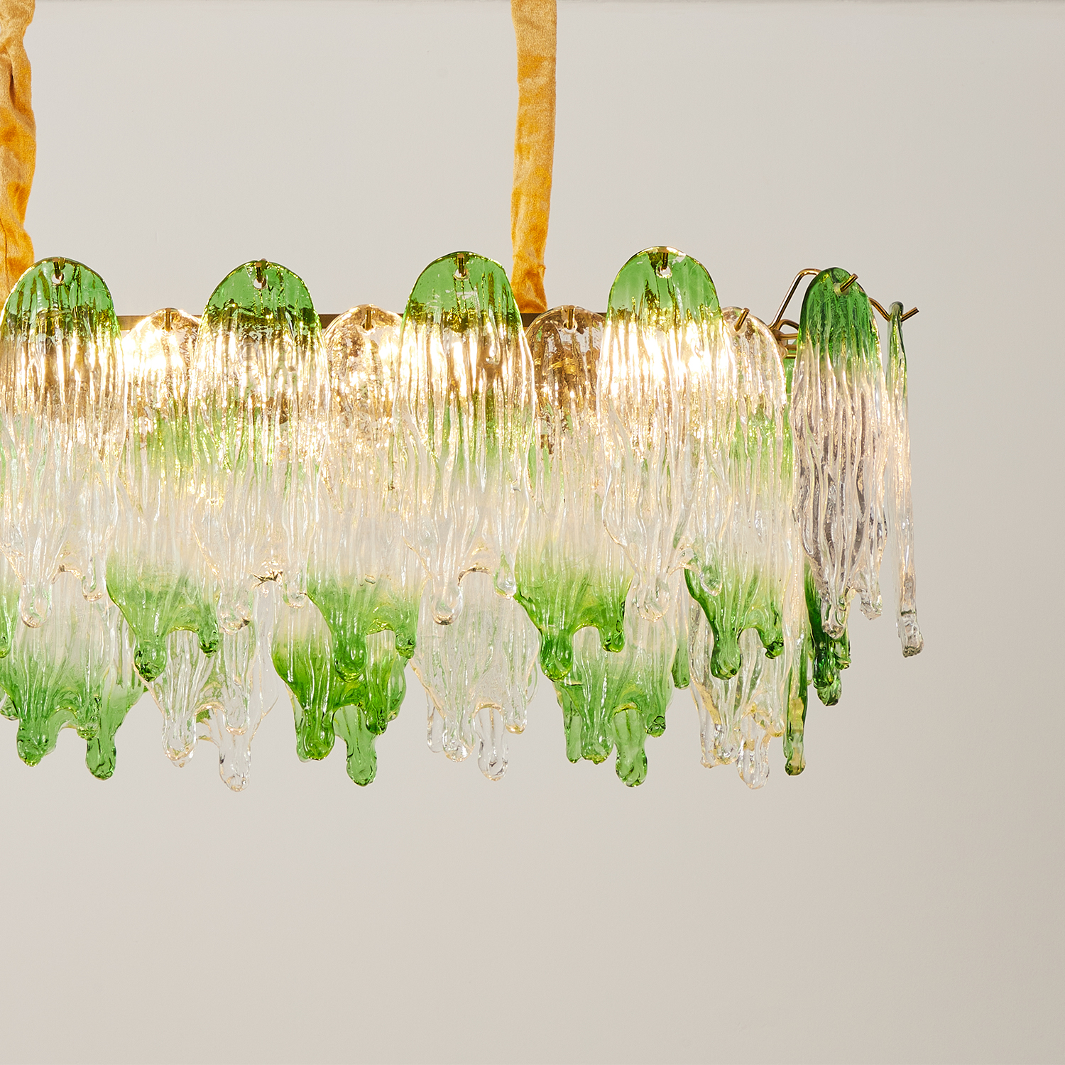 Green Pearl Glass Linear Chandelier with Textured Glass Petals