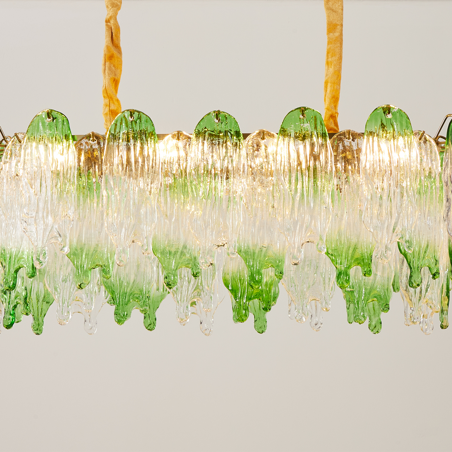 Green Pearl Glass Linear Chandelier with Textured Glass Petals