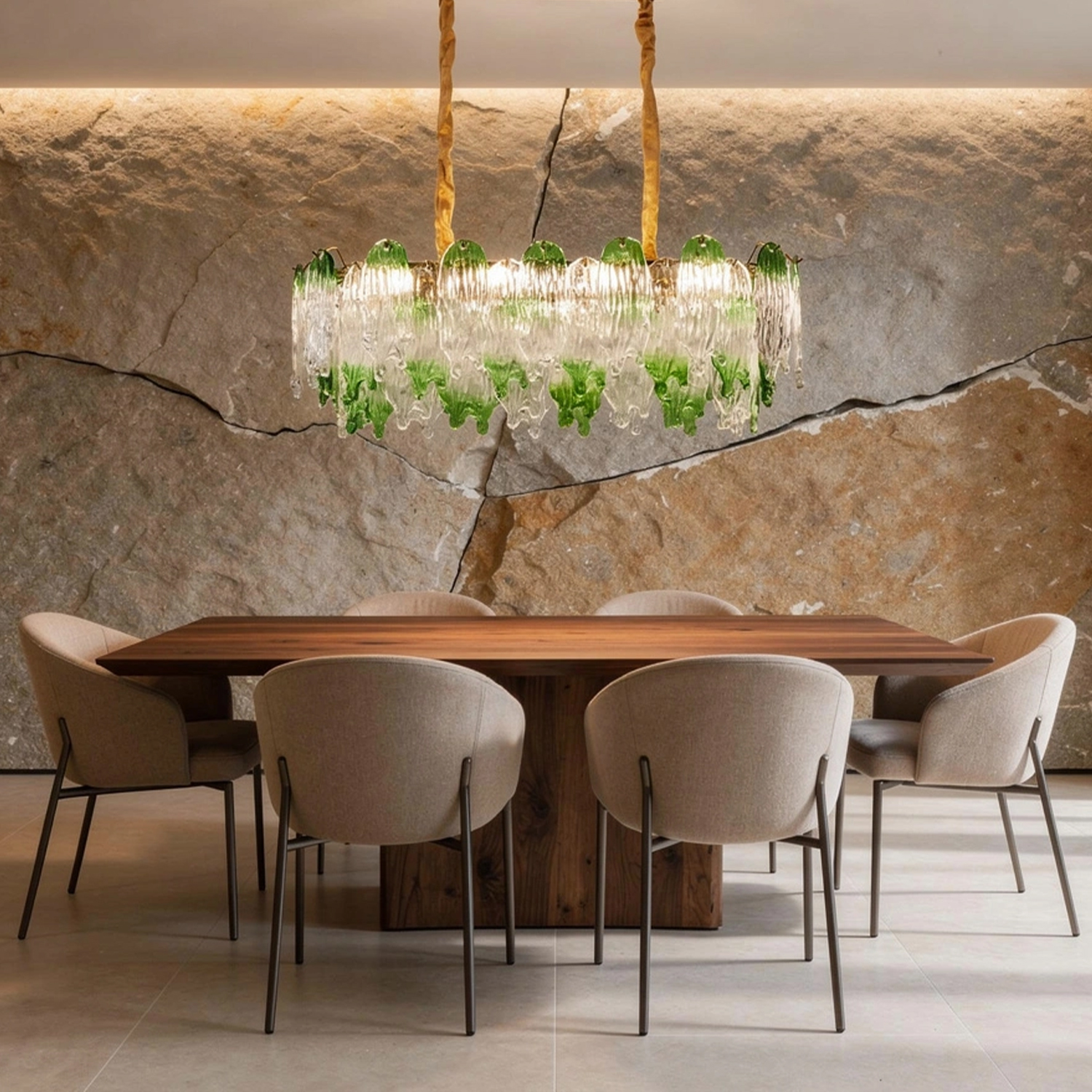 Green Pearl Glass Linear Chandelier with Textured Glass Petals