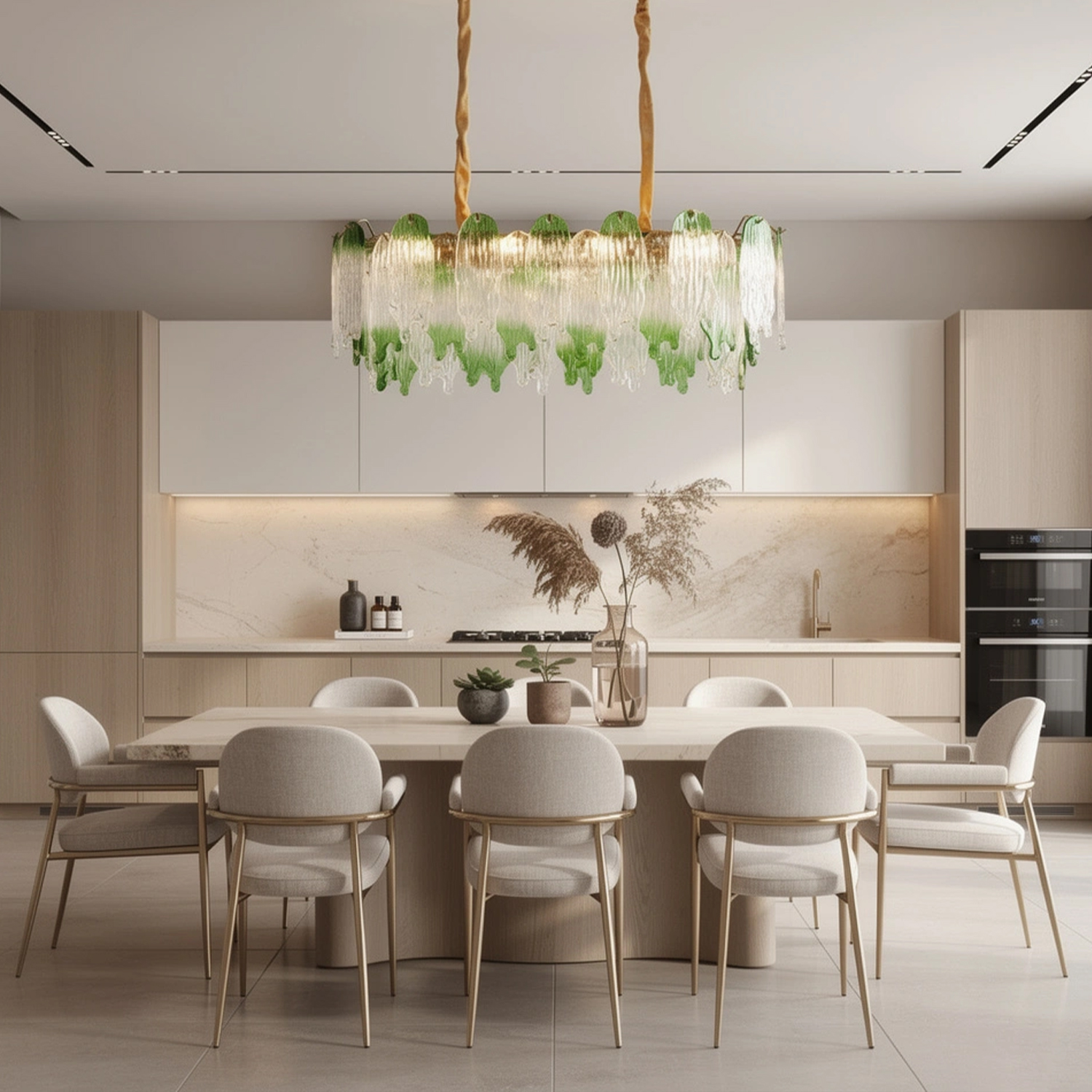 Green Pearl Glass Linear Chandelier with Textured Glass Petals