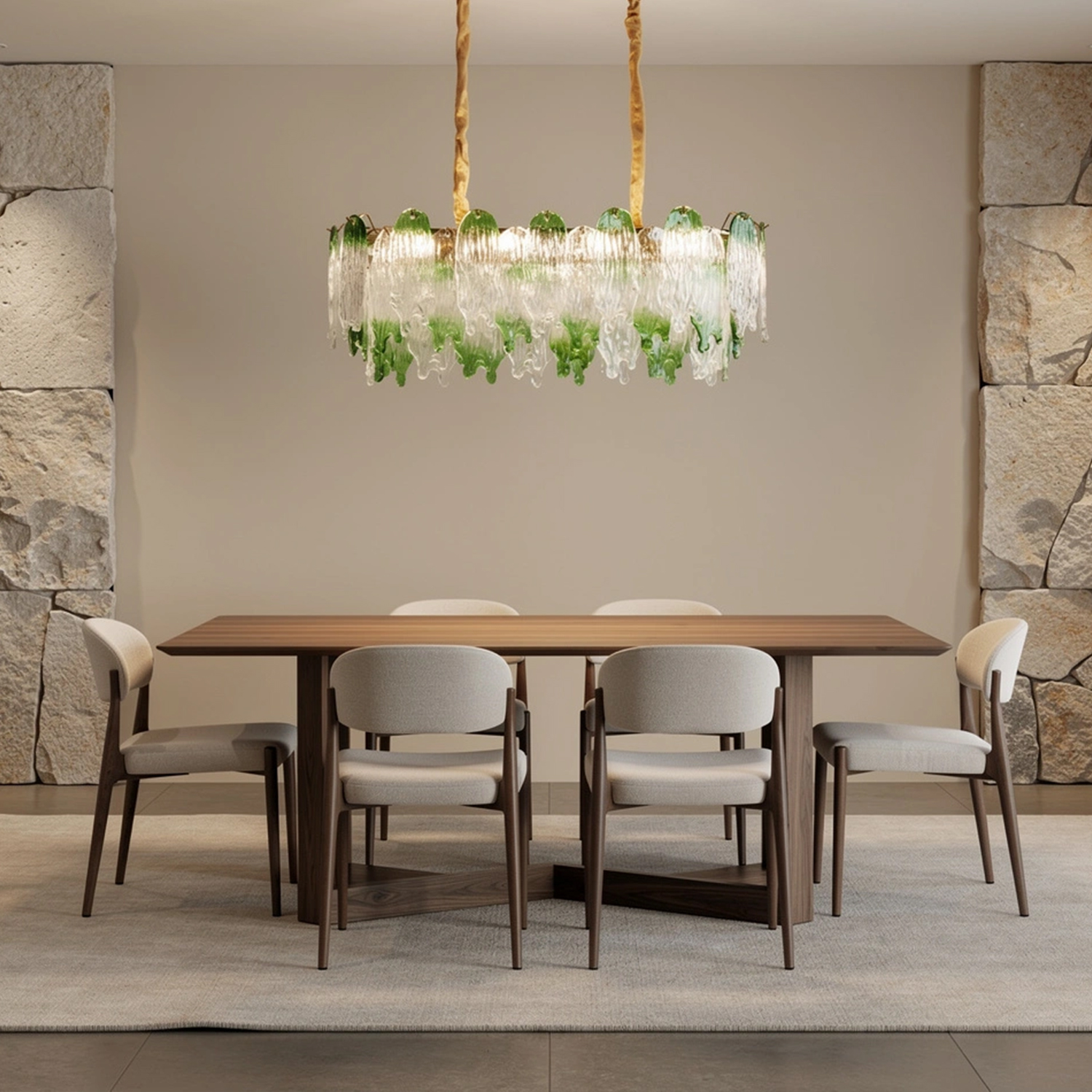 Green Pearl Glass Linear Chandelier with Textured Glass Petals