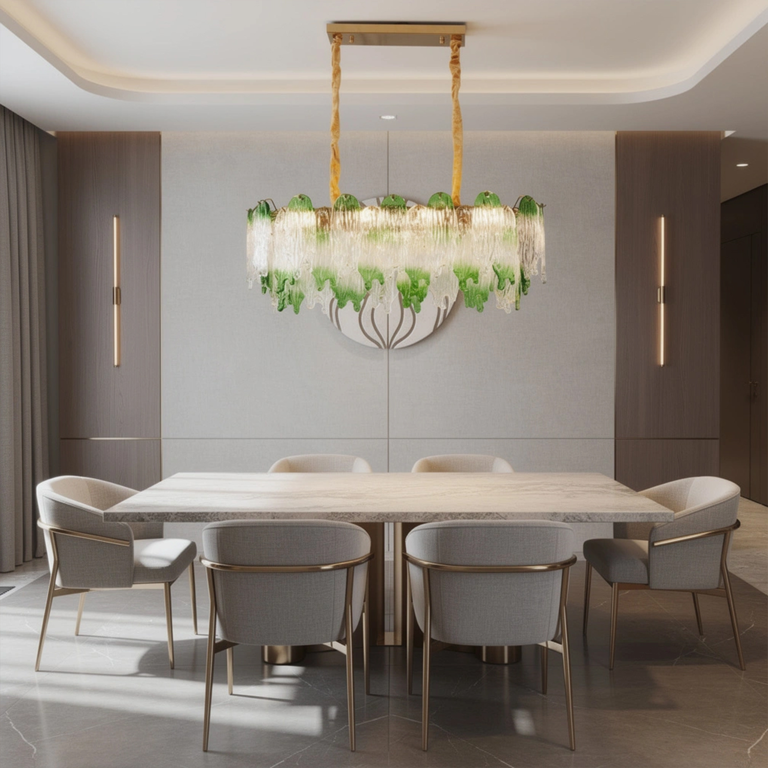Green Pearl Glass Linear Chandelier with Textured Glass Petals