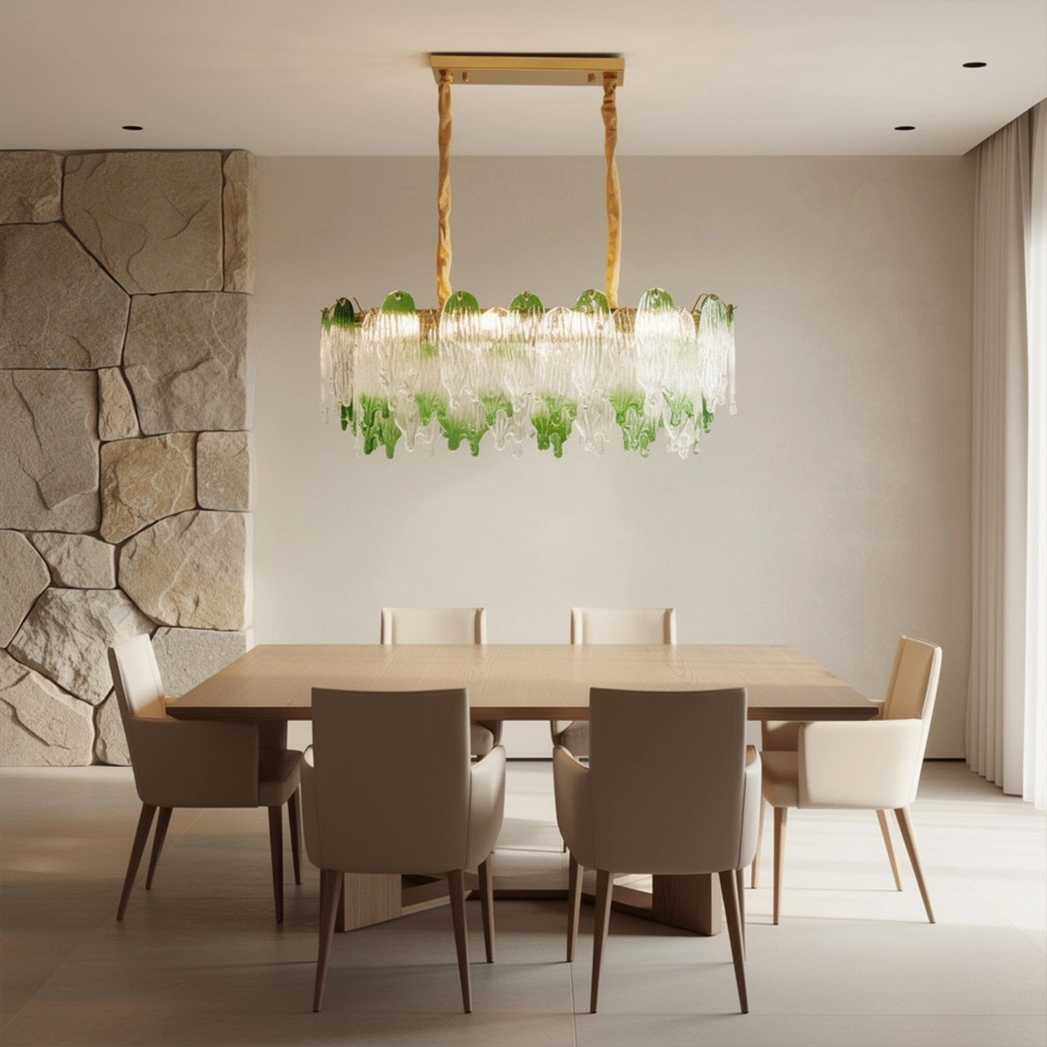 Green Pearl Glass Linear Chandelier with Textured Glass Petals