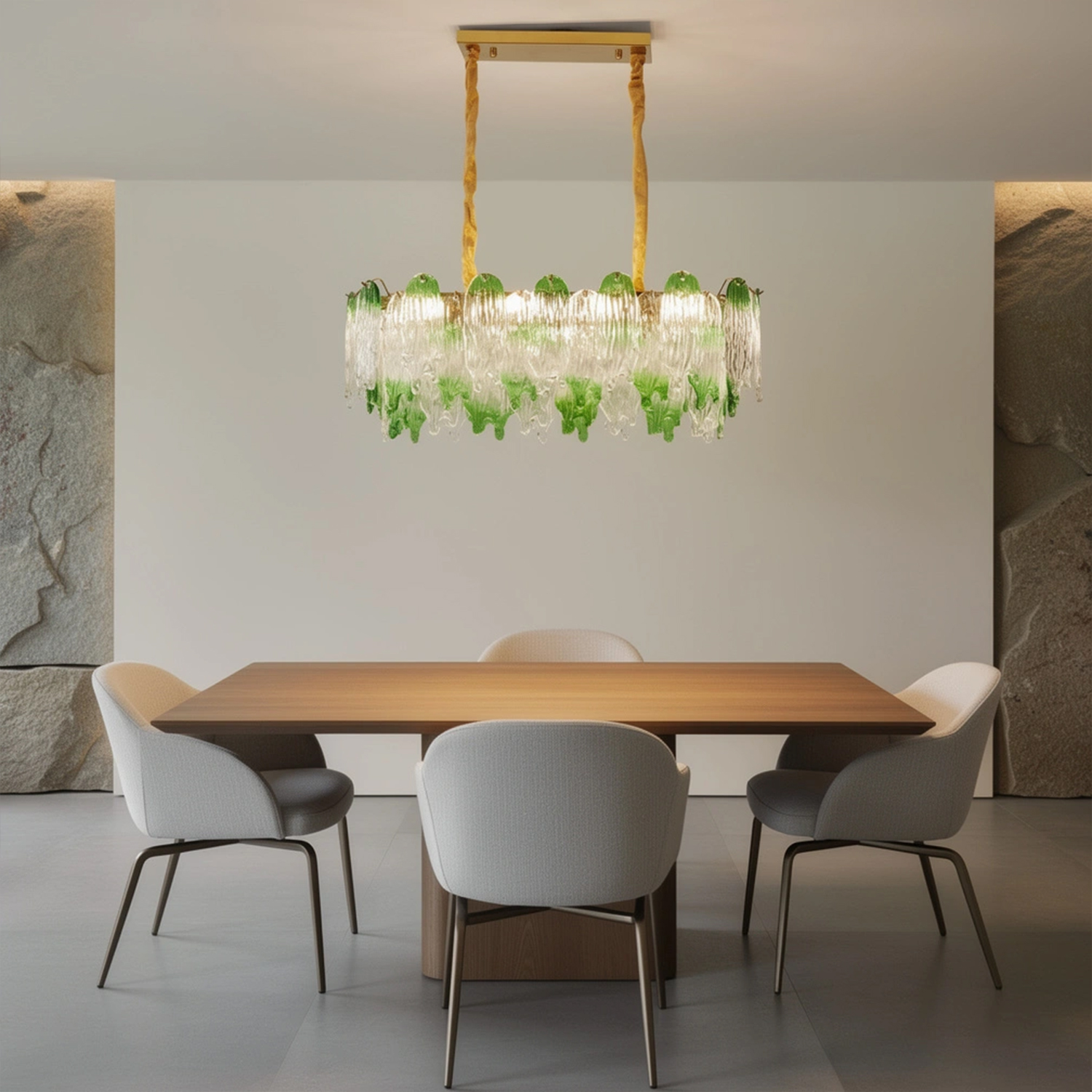 Green Pearl Glass Linear Chandelier with Textured Glass Petals
