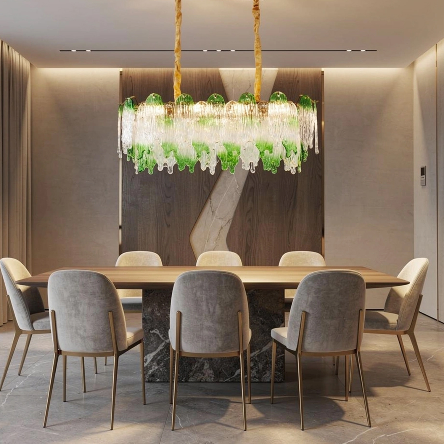 Green Pearl Glass Linear Chandelier with Textured Glass Petals