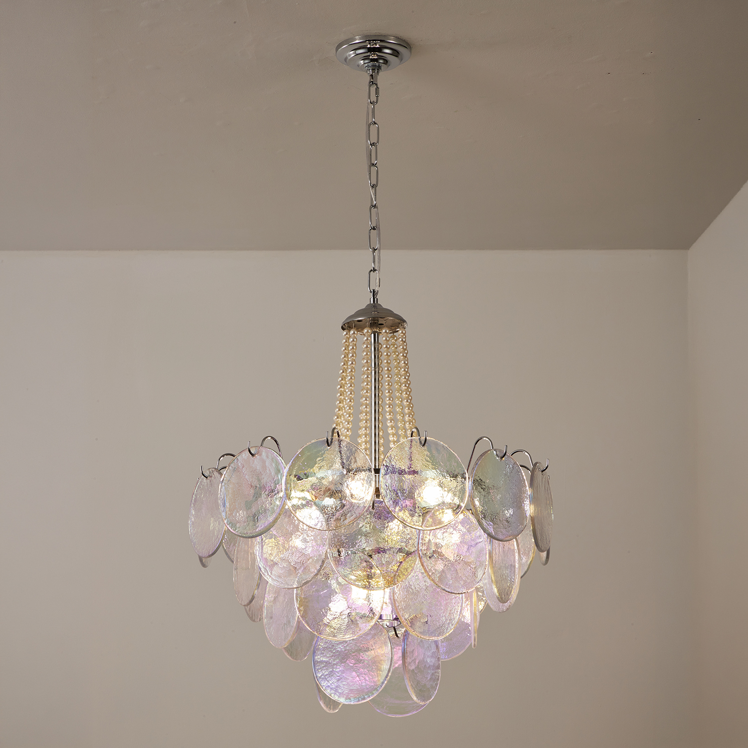 Italian Clear Disc Pearl Murano Chandelier